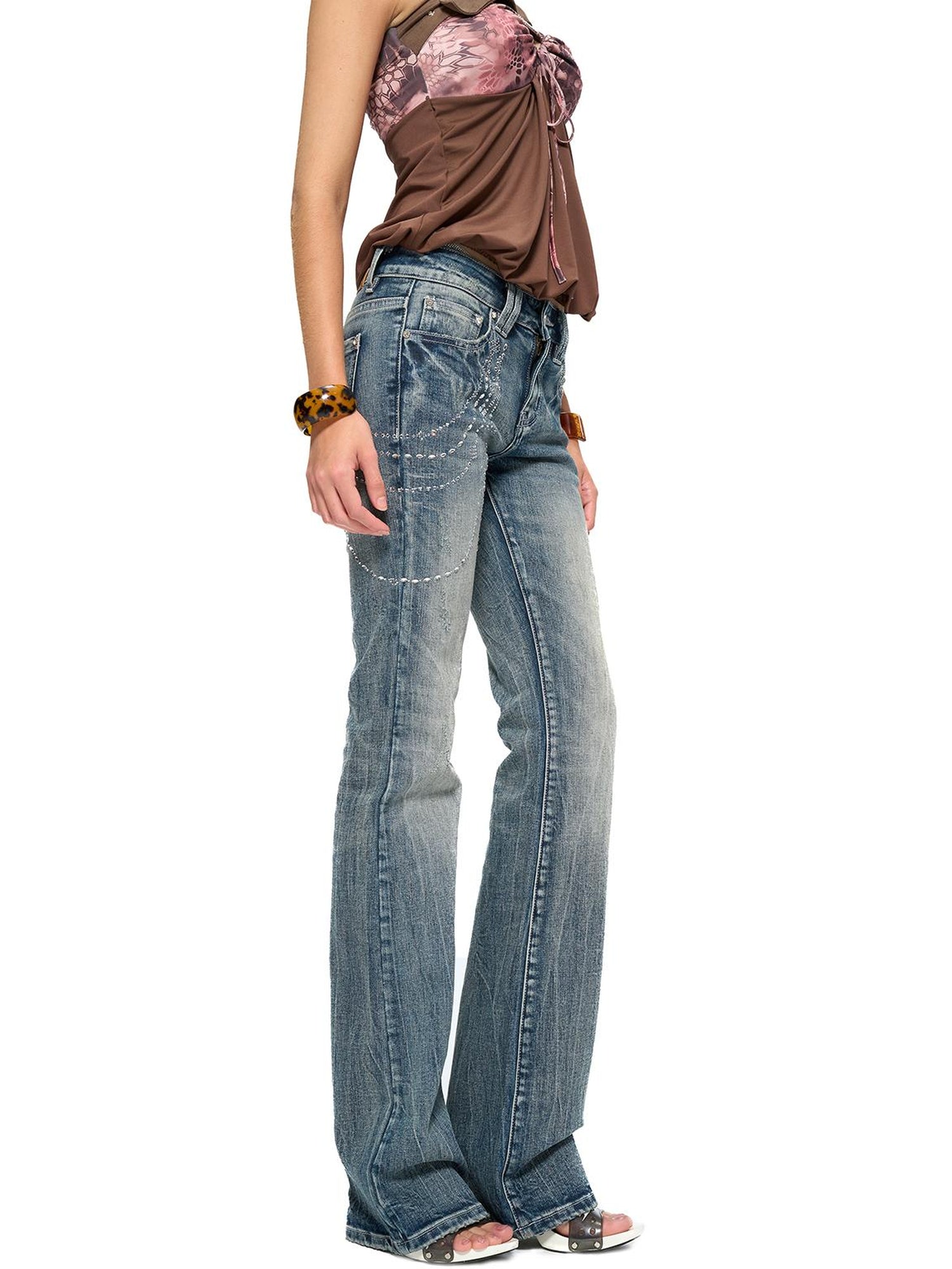 JYOSEI Retro Washed Blue Stretch Flared Denim Jeans For Women