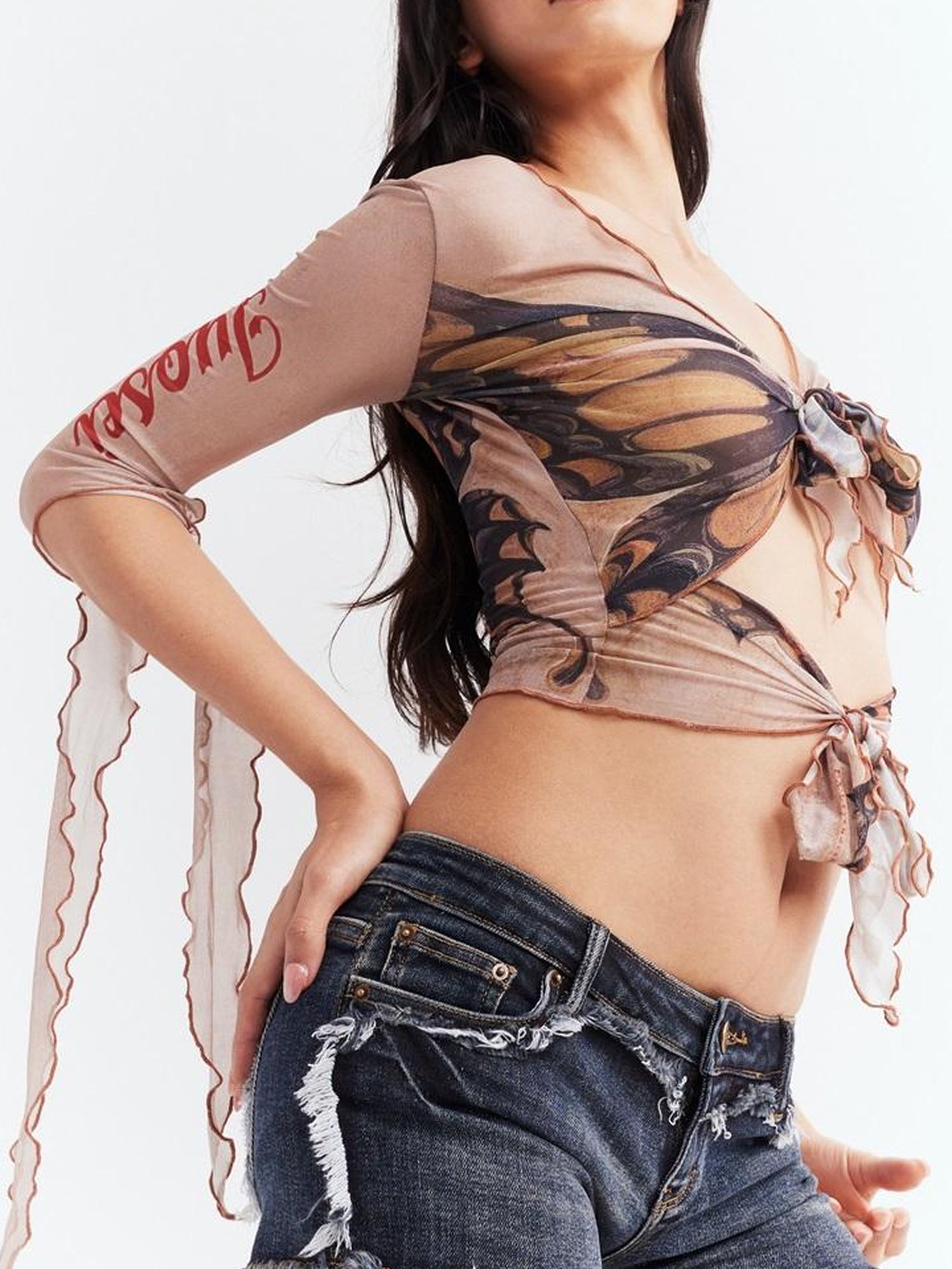 JYOSEI Sexy Sheer Mesh Shirt with Butterfly Print and Adjustable Ties