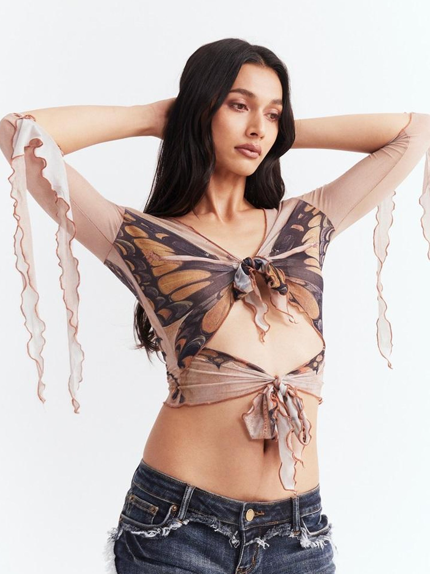 JYOSEI Sexy Sheer Mesh Shirt with Butterfly Print and Adjustable Ties