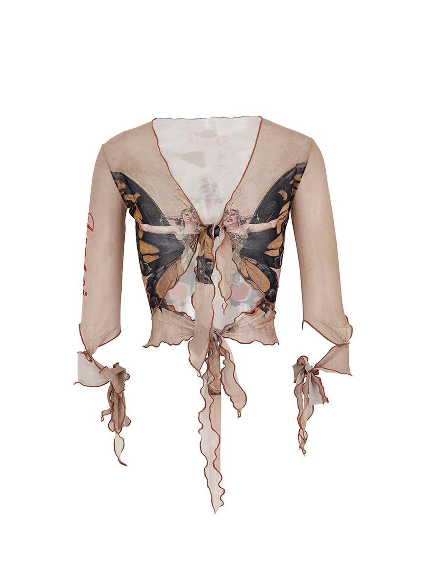 JYOSEI Sexy Sheer Mesh Shirt with Butterfly Print and Adjustable Ties