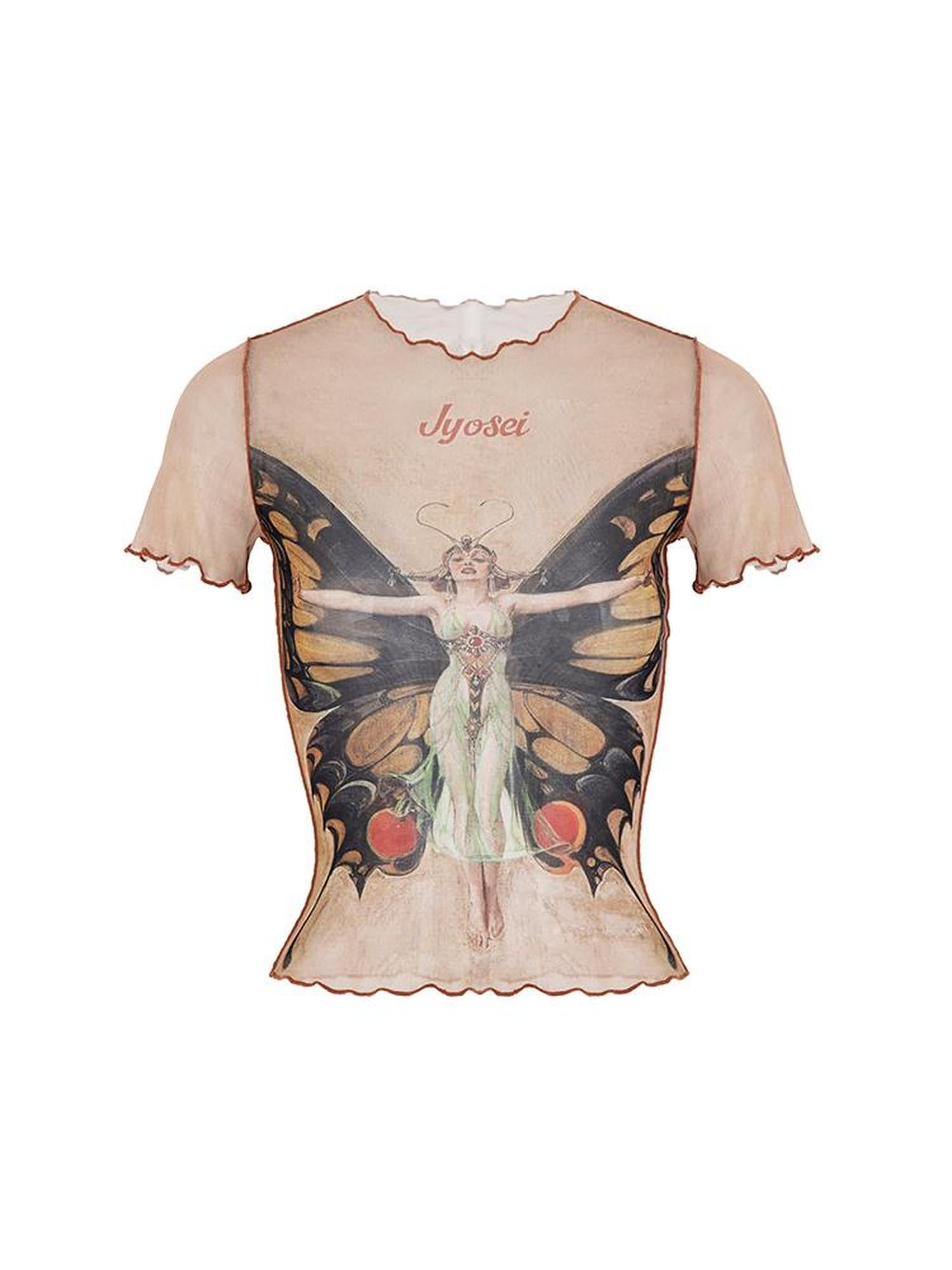 JYOSEI Sheer Mesh Short Sleeve Top With Lace Trim And Vintage Print