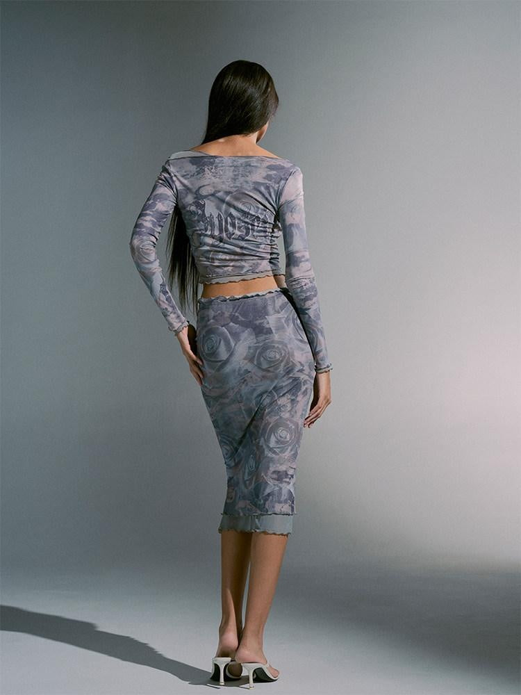 JYOSEI Sheer Mesh Two Piece Set Crop Top Mini Skirt Women Polyester Suits