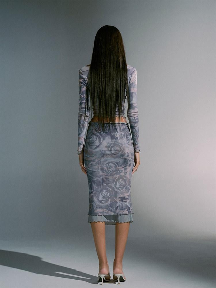 JYOSEI Sheer Mesh Two Piece Set Crop Top Mini Skirt Women Polyester Suits