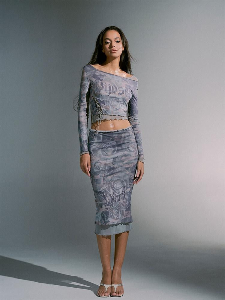 JYOSEI Sheer Mesh Two Piece Set Crop Top Mini Skirt Women Polyester Suits