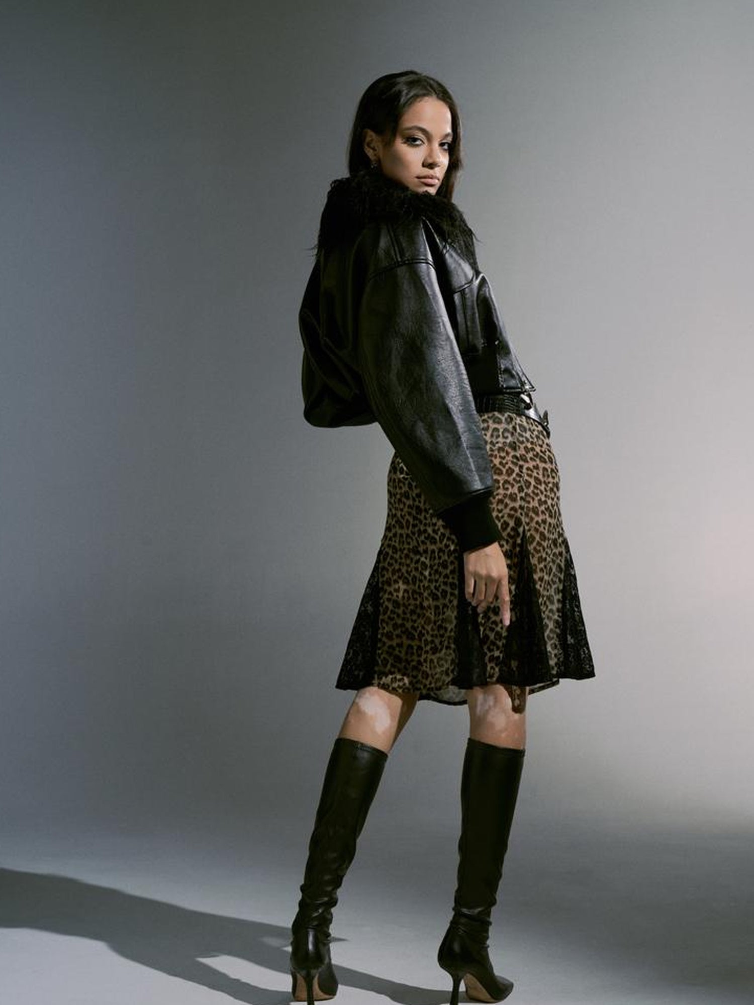 JYOSEI Short Black Shearling Biker Jacket Women Spring Oversized Leather Coat