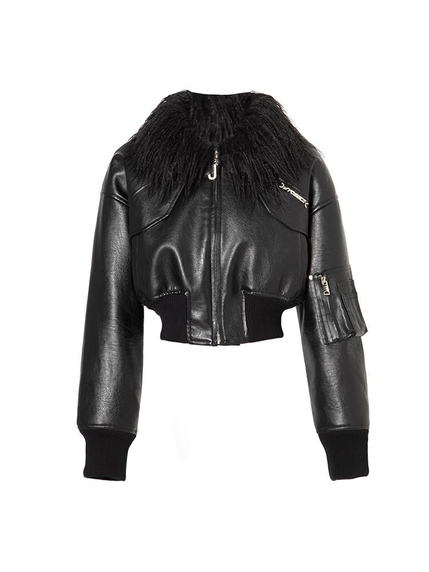 JYOSEI Short Black Shearling Biker Jacket Women Spring Oversized Leather Coat