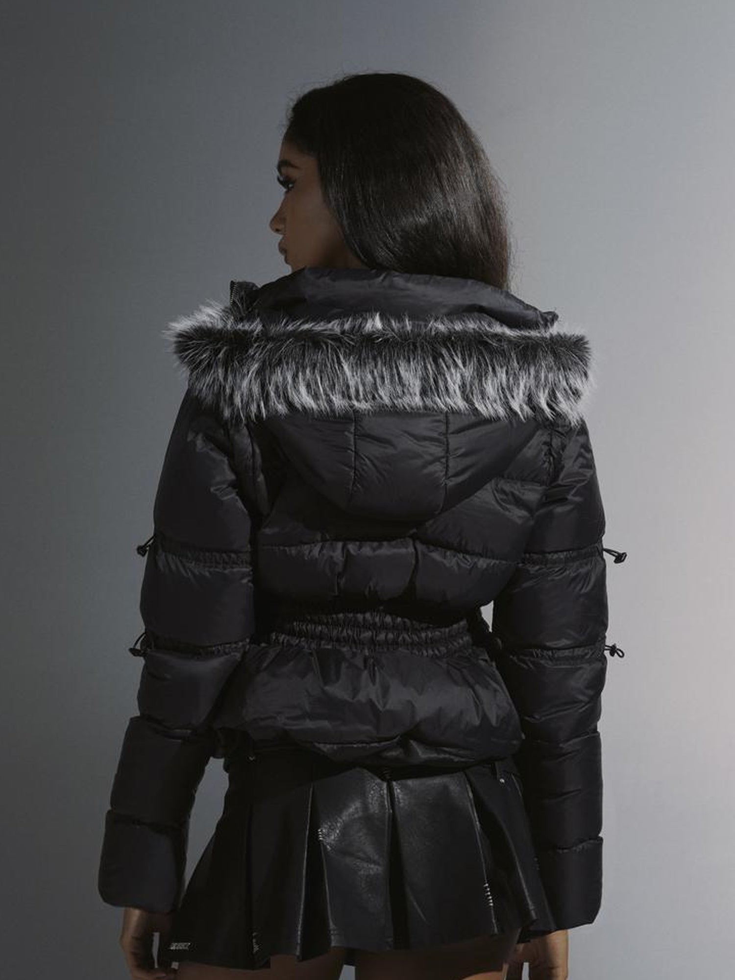 JYOSEI Short Waist Defining Black Puffer Jacket with Fixed Fur Hood