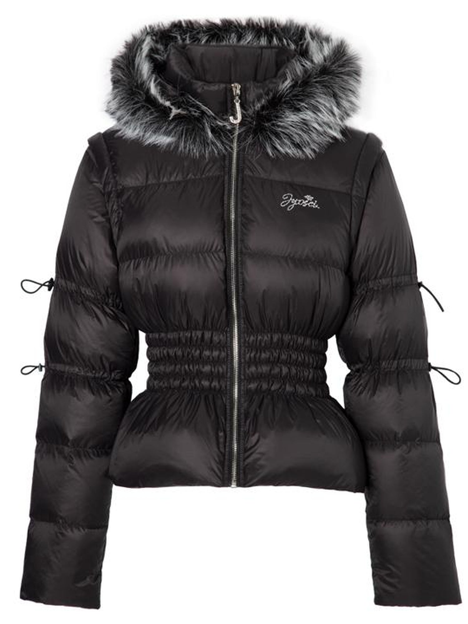 JYOSEI Short Waist Defining Black Puffer Jacket with Fixed Fur Hood
