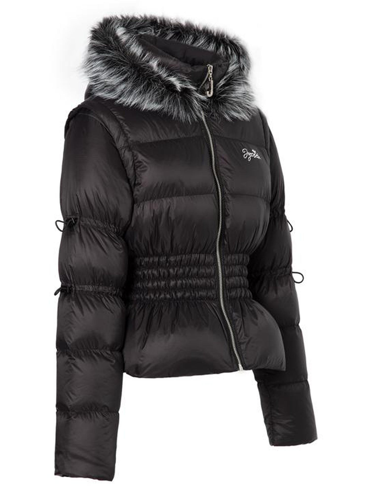 JYOSEI Short Waist Defining Black Puffer Jacket with Fixed Fur Hood