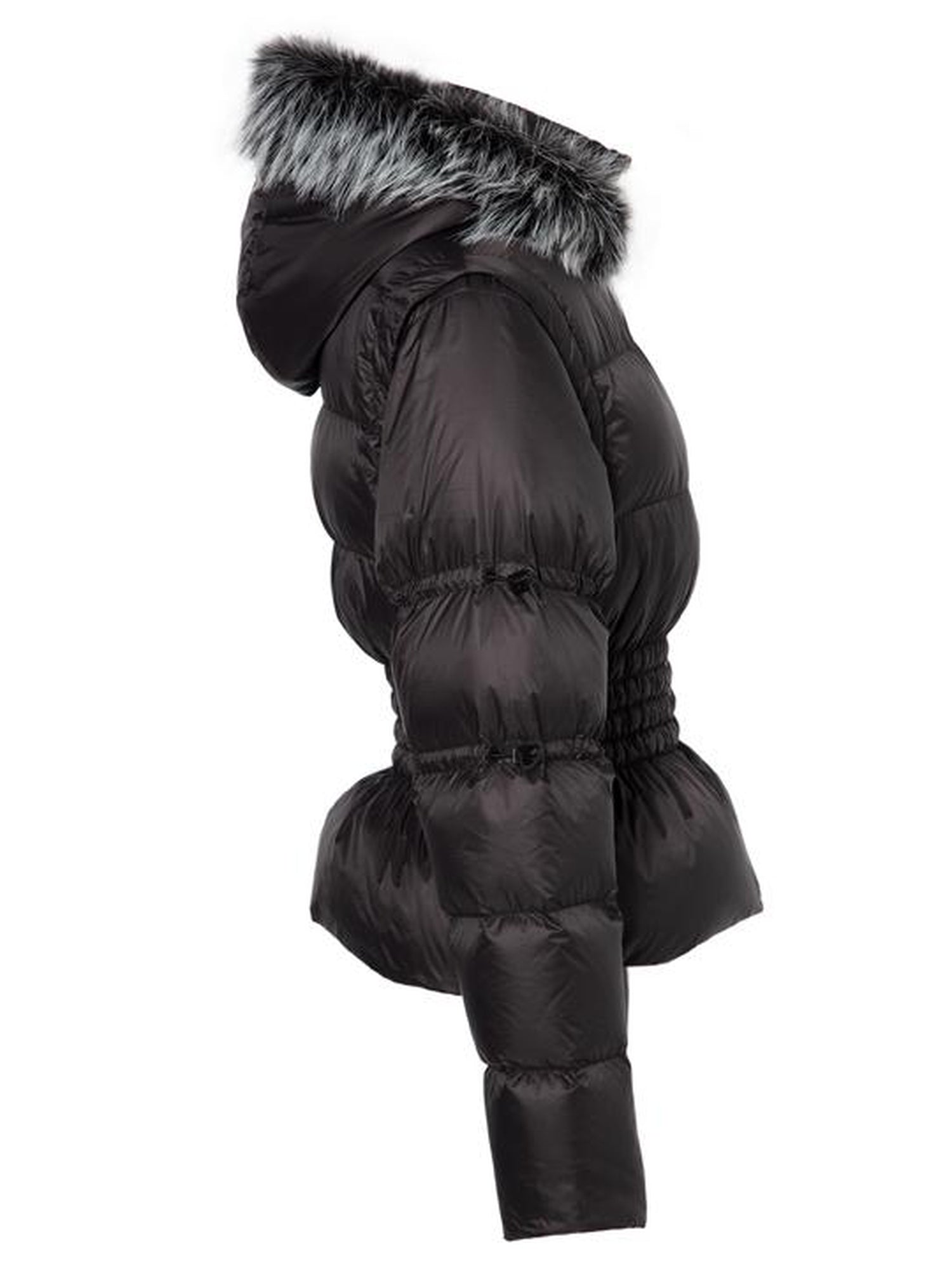 JYOSEI Short Waist Defining Black Puffer Jacket with Fixed Fur Hood