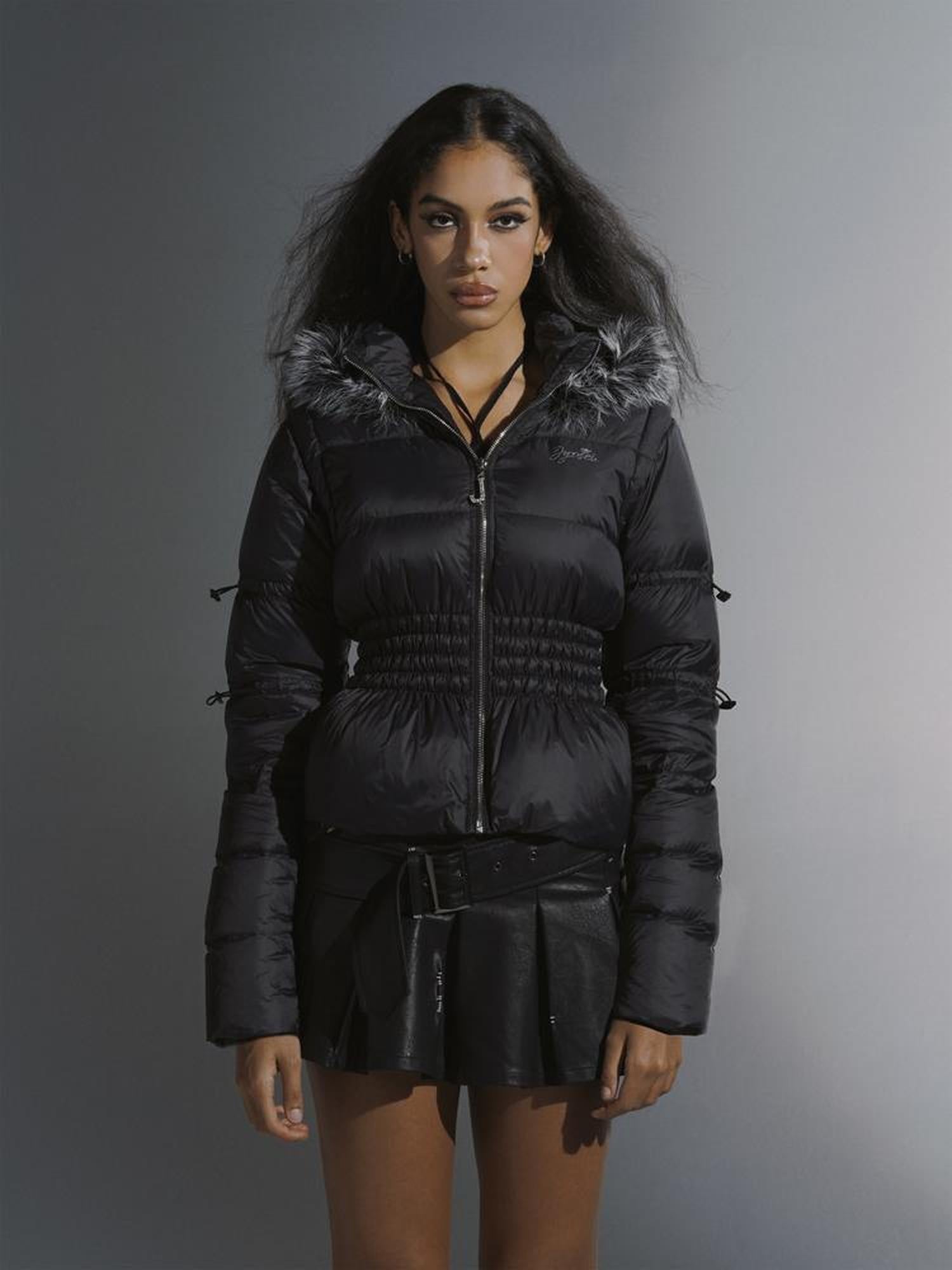 JYOSEI Short Waist Defining Black Puffer Jacket with Fixed Fur Hood