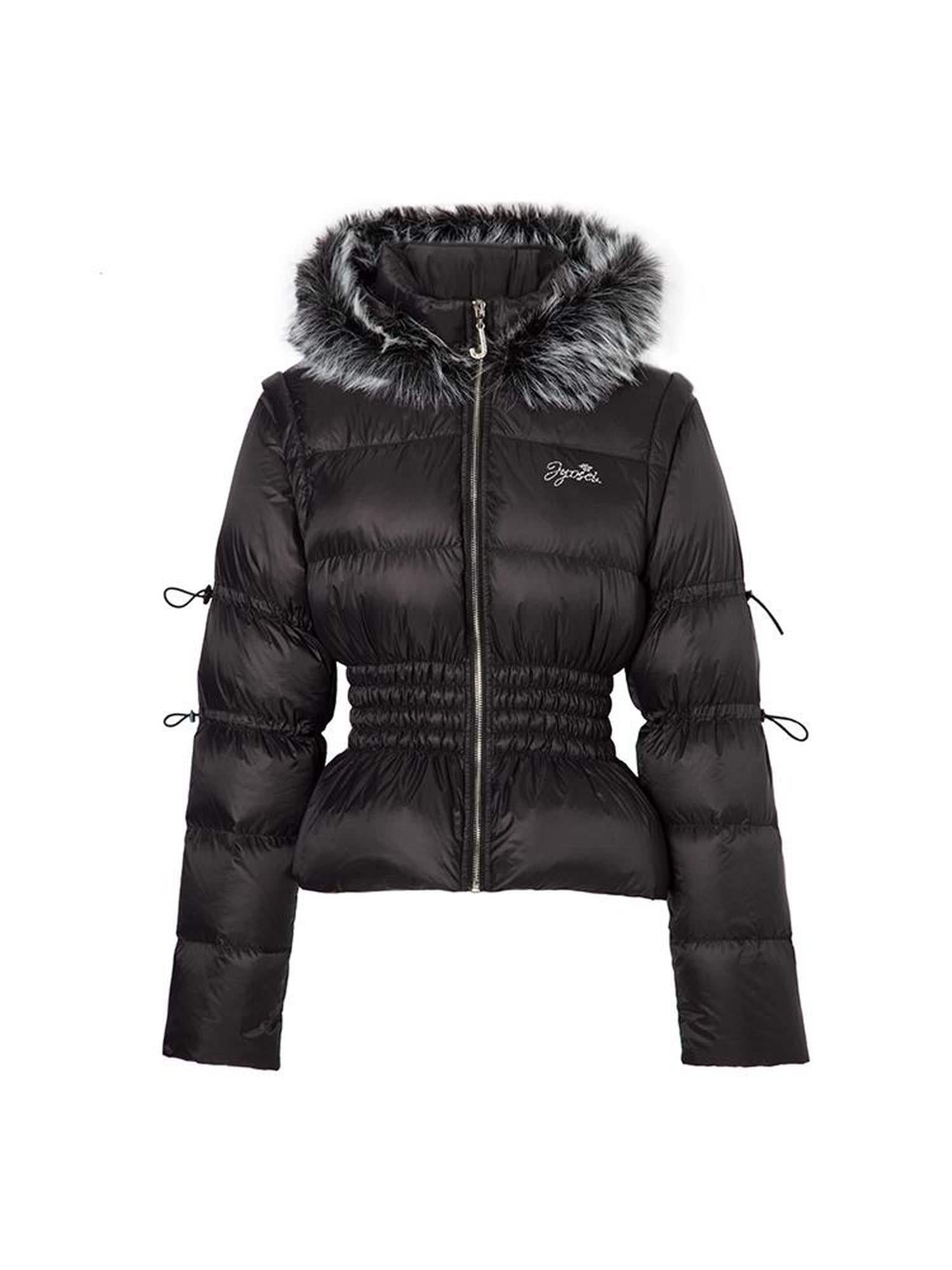 JYOSEI Short Waist Defining Black Puffer Jacket with Fixed Fur Hood