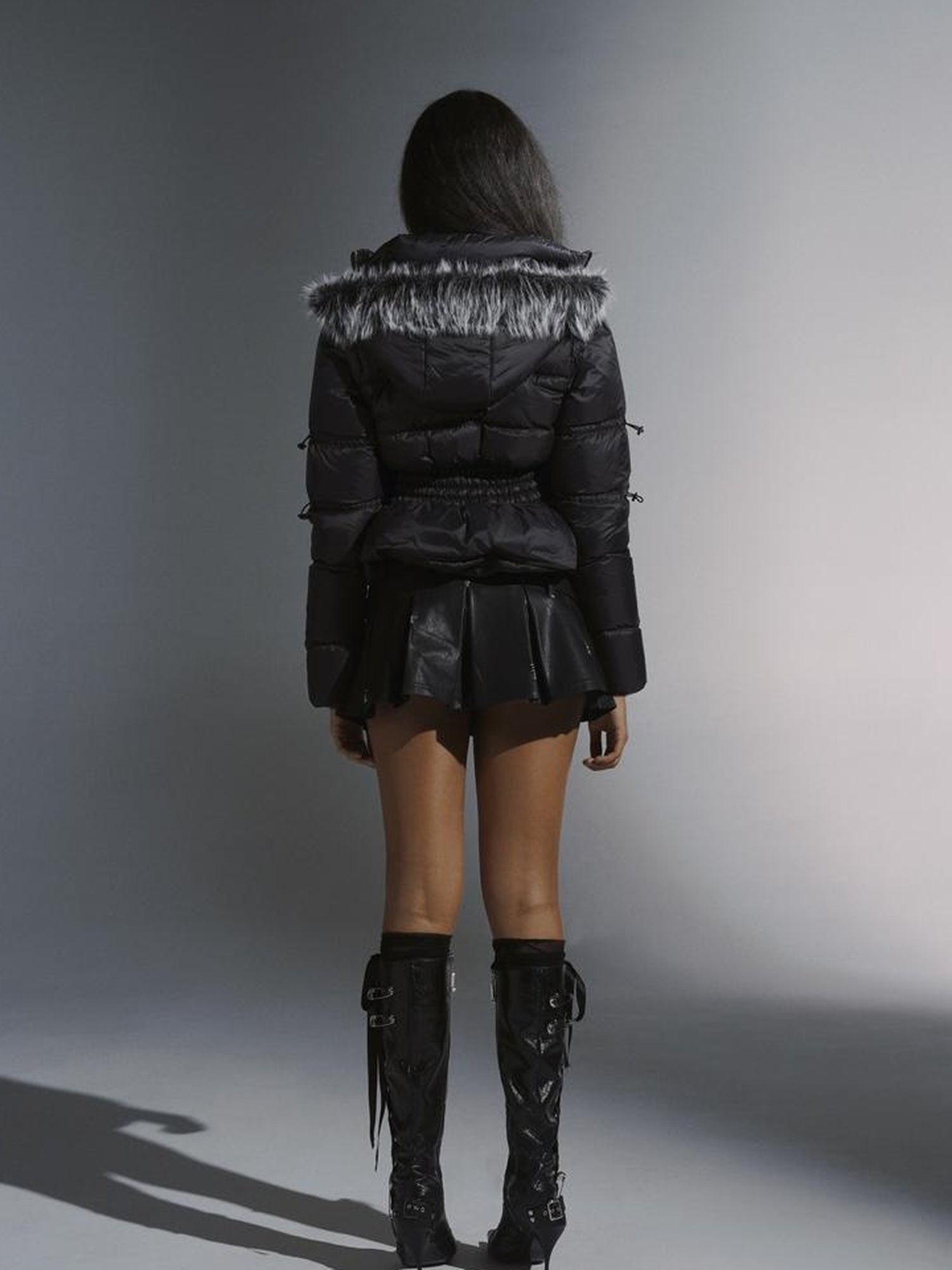 JYOSEI Short Waist Defining Black Puffer Jacket with Fixed Fur Hood