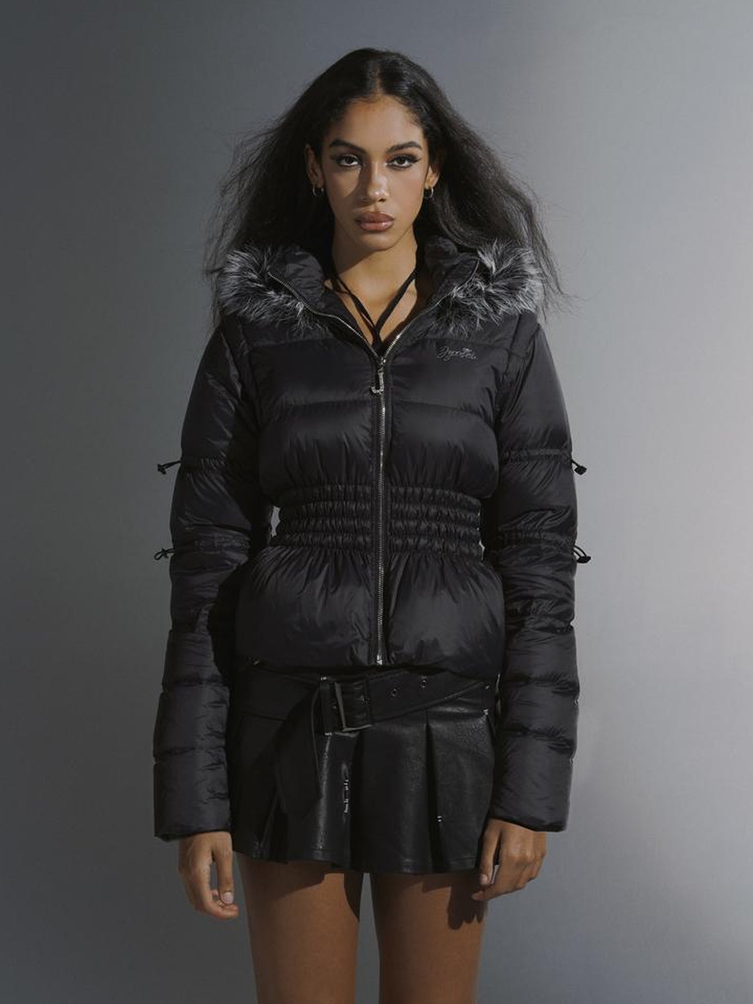 JYOSEI Short Waist Defining Black Puffer Jacket with Fixed Fur Hood