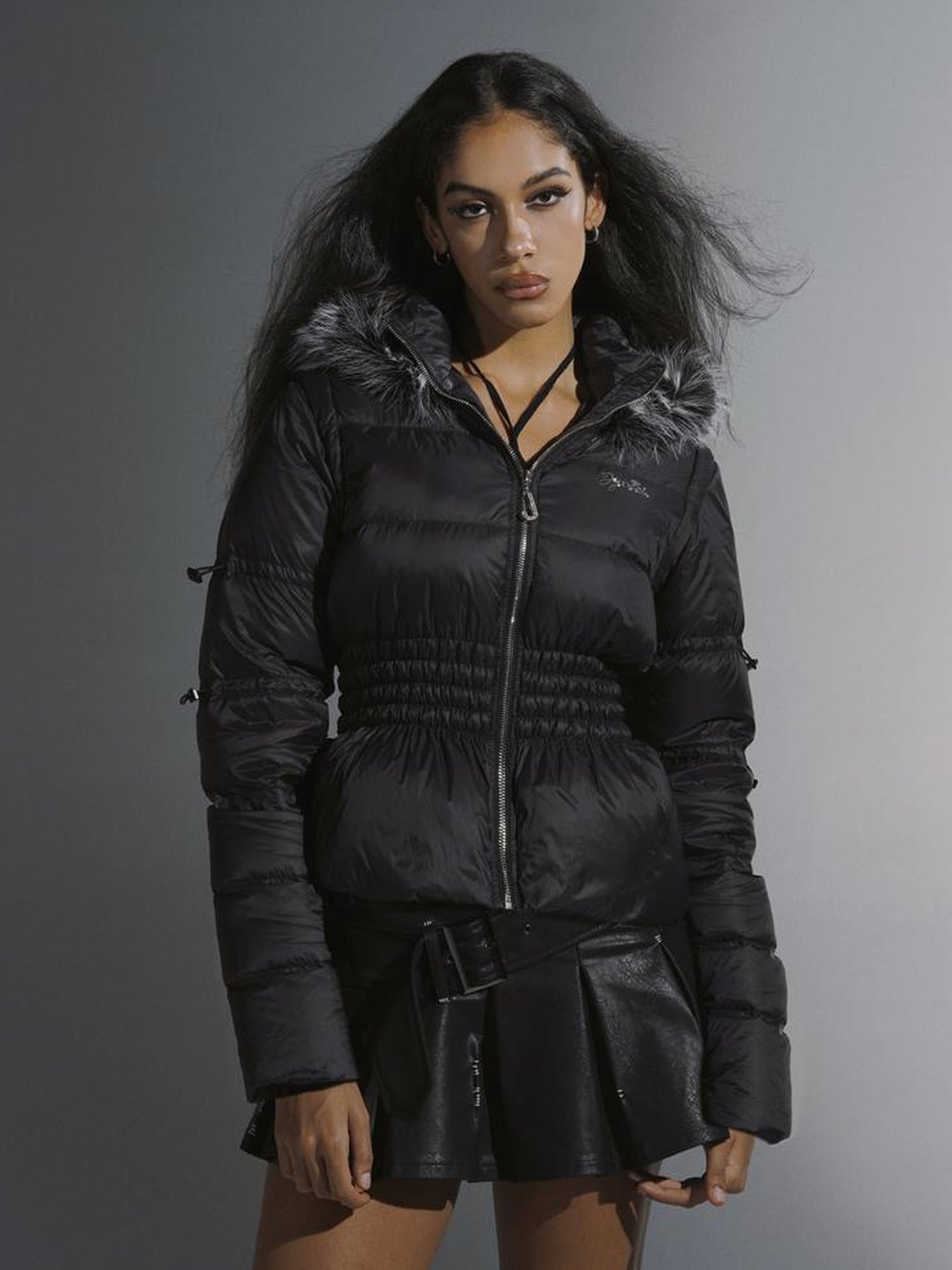 JYOSEI Short Waist Defining Black Puffer Jacket with Fixed Fur Hood