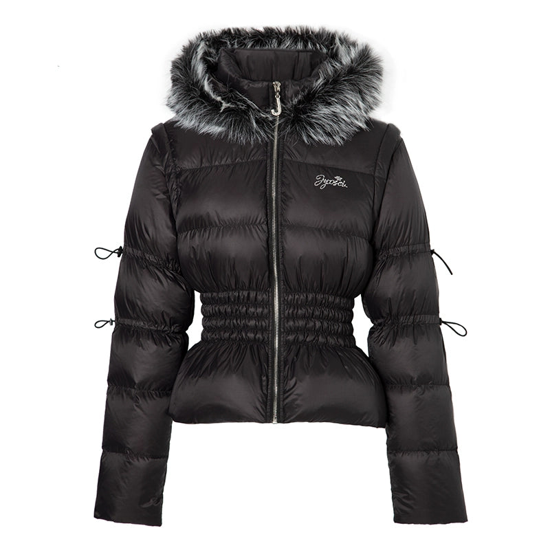 JYOSEI_Short_Waist_Defining_Black_Puffer_Jacket_with_Fixed_Fur_Hood_MISSTT