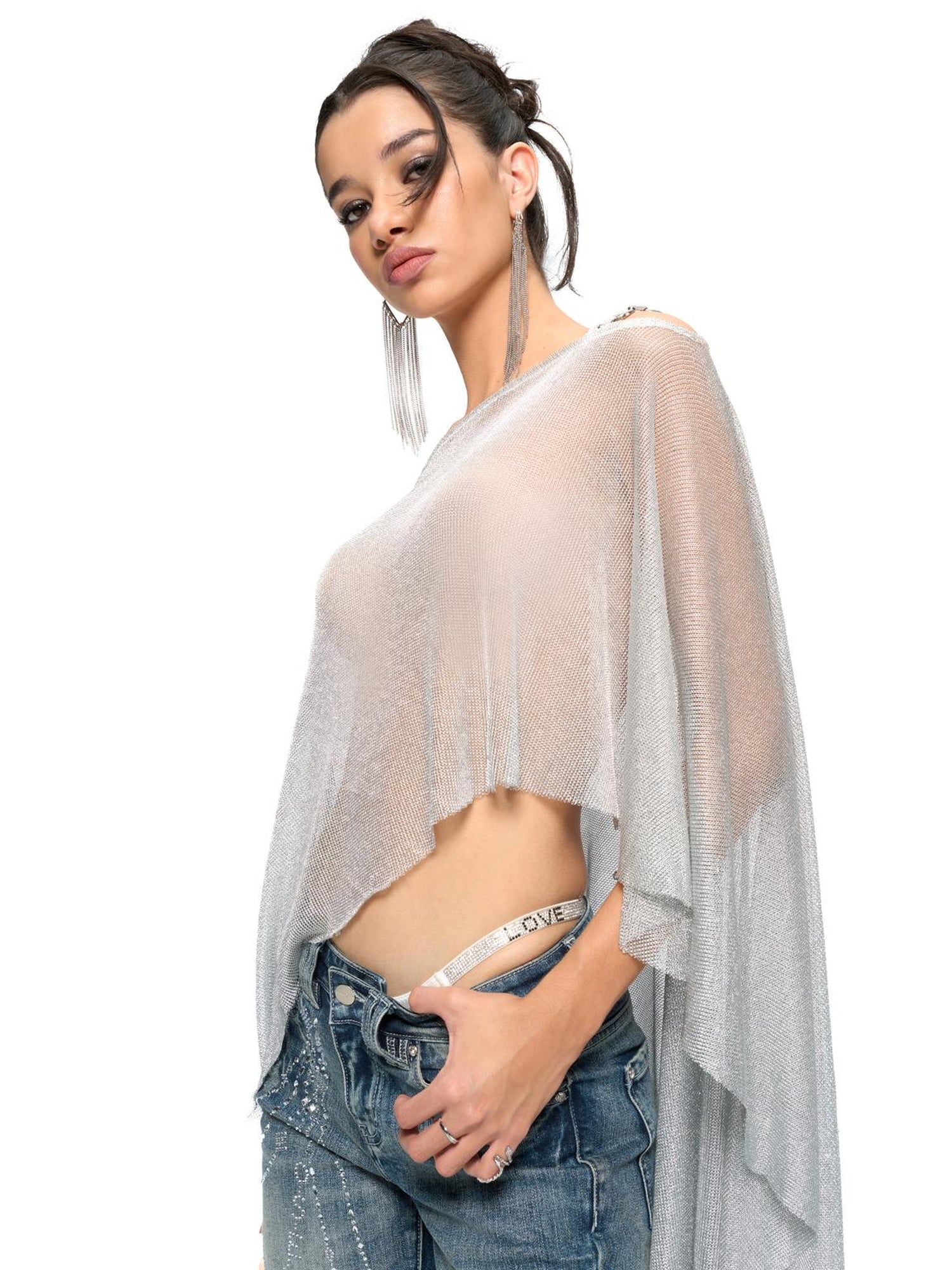 JYOSEI Silver Metallic Asymmetric Cut Out Beach Cover Up