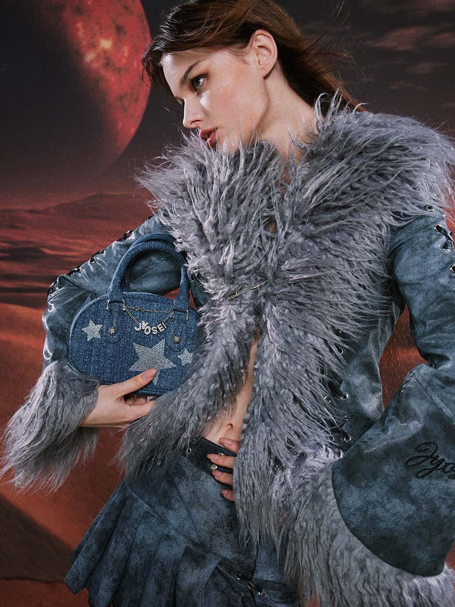 JYOSEI Smoky Grey Shearling Like Faux Leather Set With Wide Leg Pants