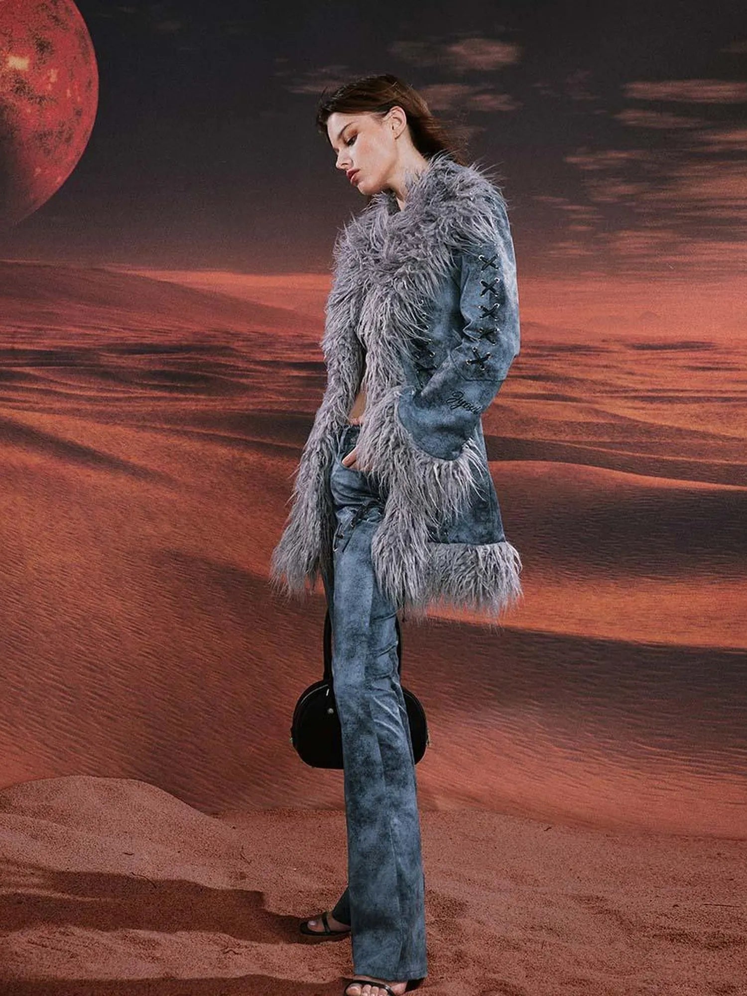 Smoky Grey Shearling Like Faux Leather Set With Wide Leg Pants