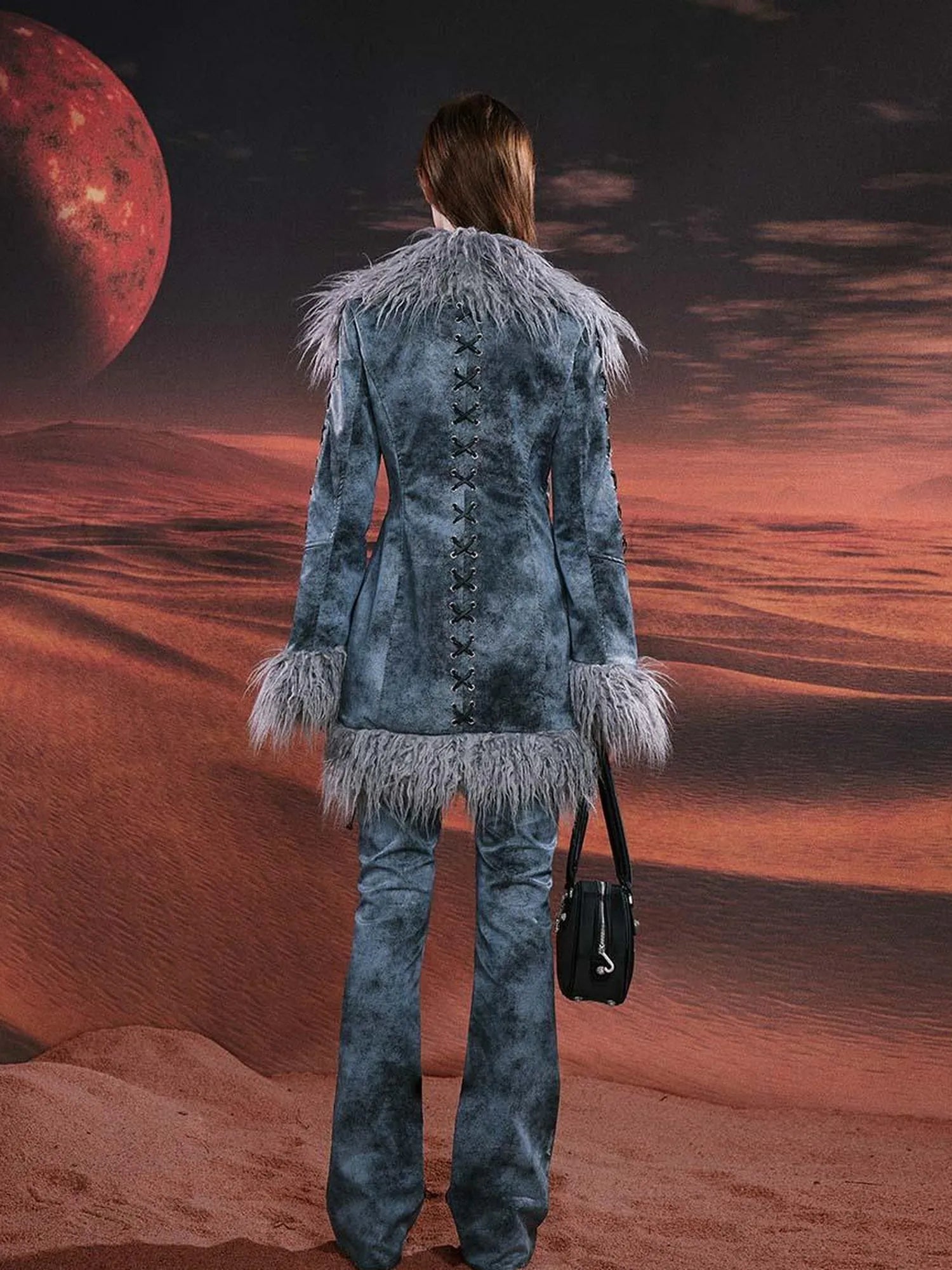 Smoky Grey Shearling Like Faux Leather Set With Wide Leg Pants