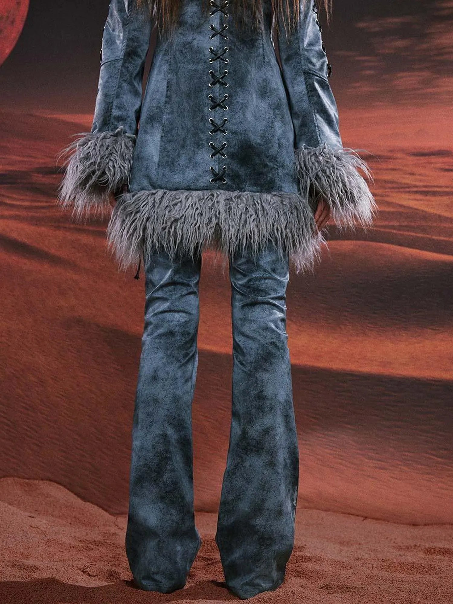 Smoky Grey Shearling Like Faux Leather Set With Wide Leg Pants