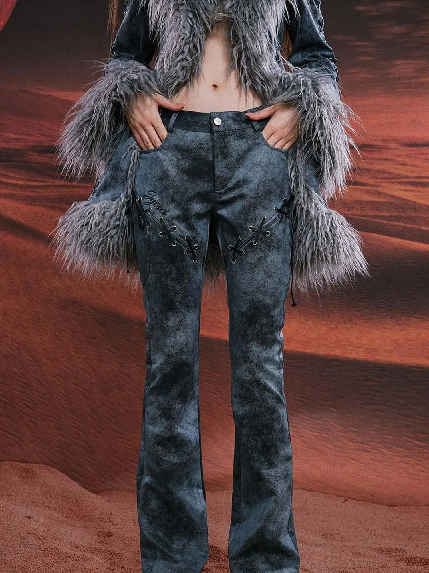 Smoky Grey Shearling Like Faux Leather Set With Wide Leg Pants