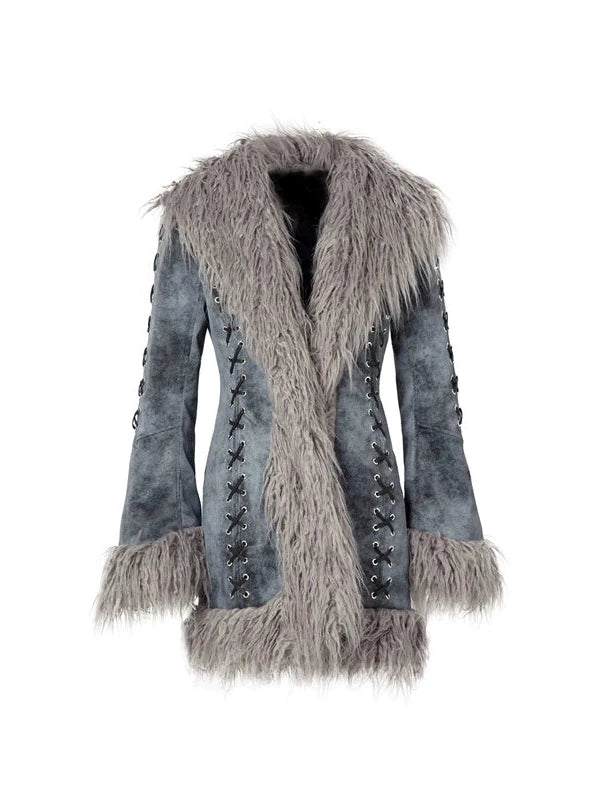 Smoky Grey Shearling Like Faux Leather Set With Wide Leg Pants