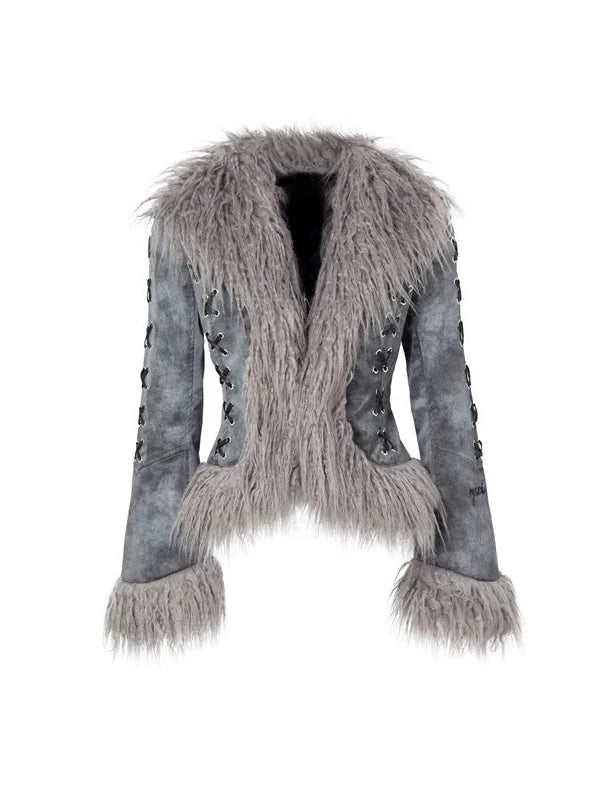 Smoky Grey Shearling Like Faux Leather Set With Wide Leg Pants