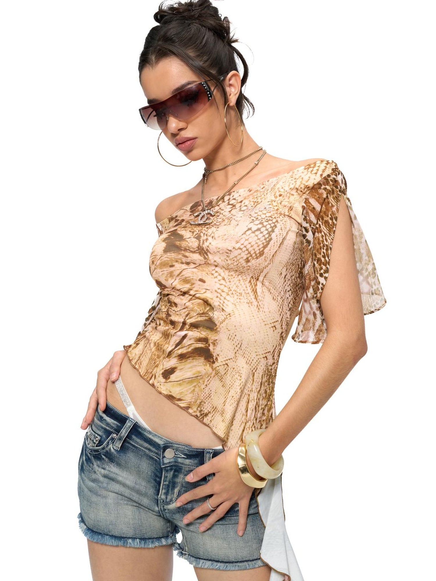 JYOSEI Snake Print Cowl Hem Asymmetric Top