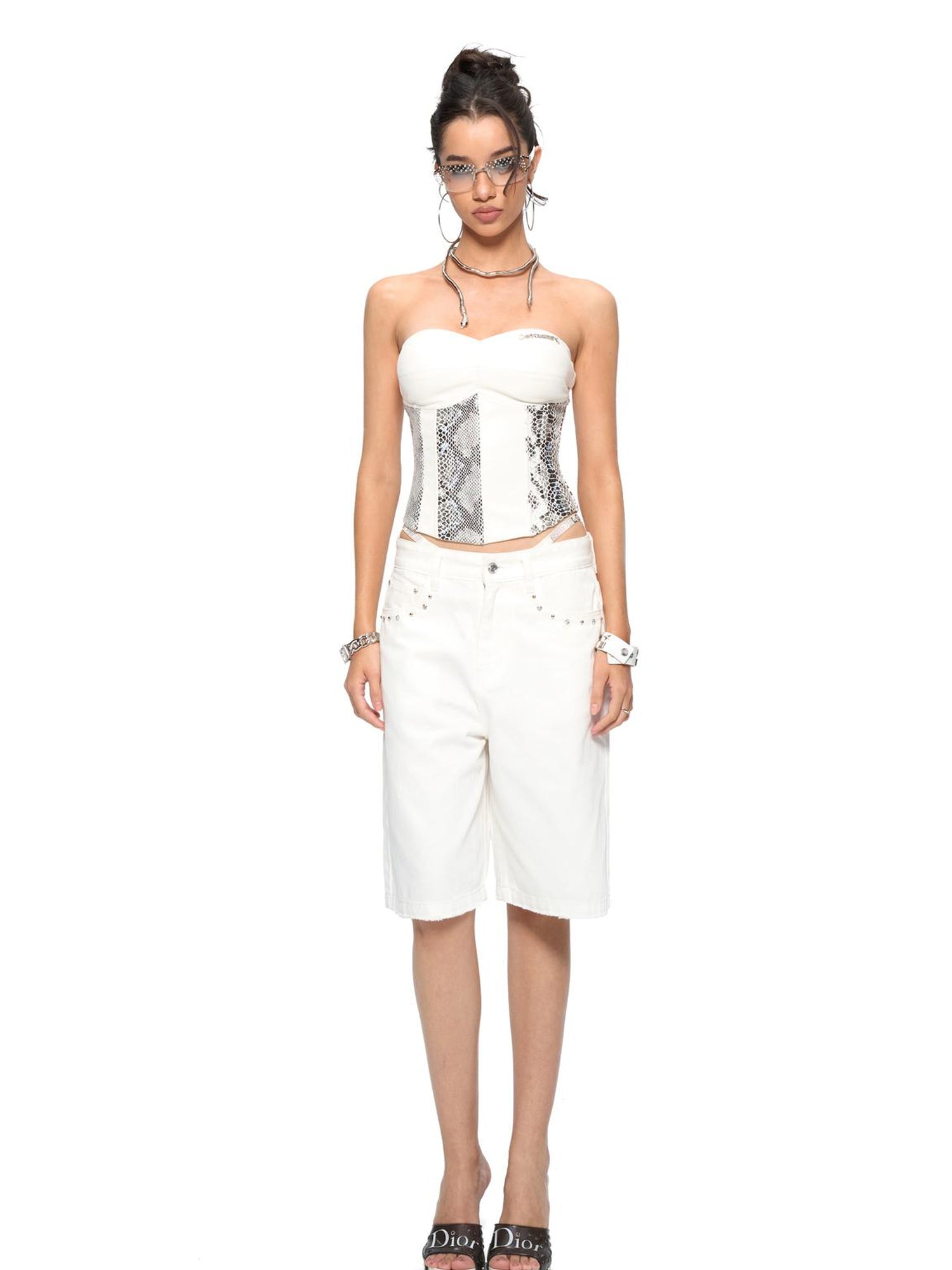 JYOSEI Snake Print PU Corset Top with Boning and Padded Bust