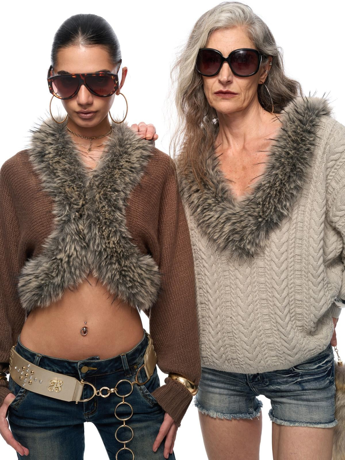 JYOSEI Soft Acrylic Knit European Loose Cinched Waist V-ceck Brown Girls Jacket