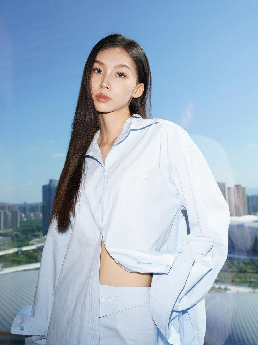 JYOSEI Soft Cotton Two Piece Blue Blouse Skirt Set Youth Slim Fit Women Suits