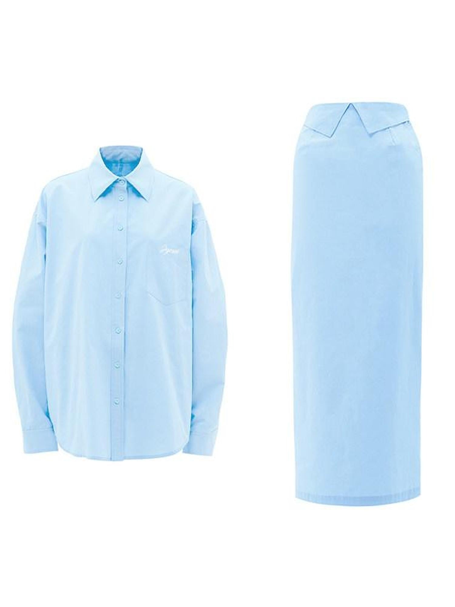JYOSEI Soft Cotton Two Piece Blue Blouse Skirt Set Youth Slim Fit Women Suits