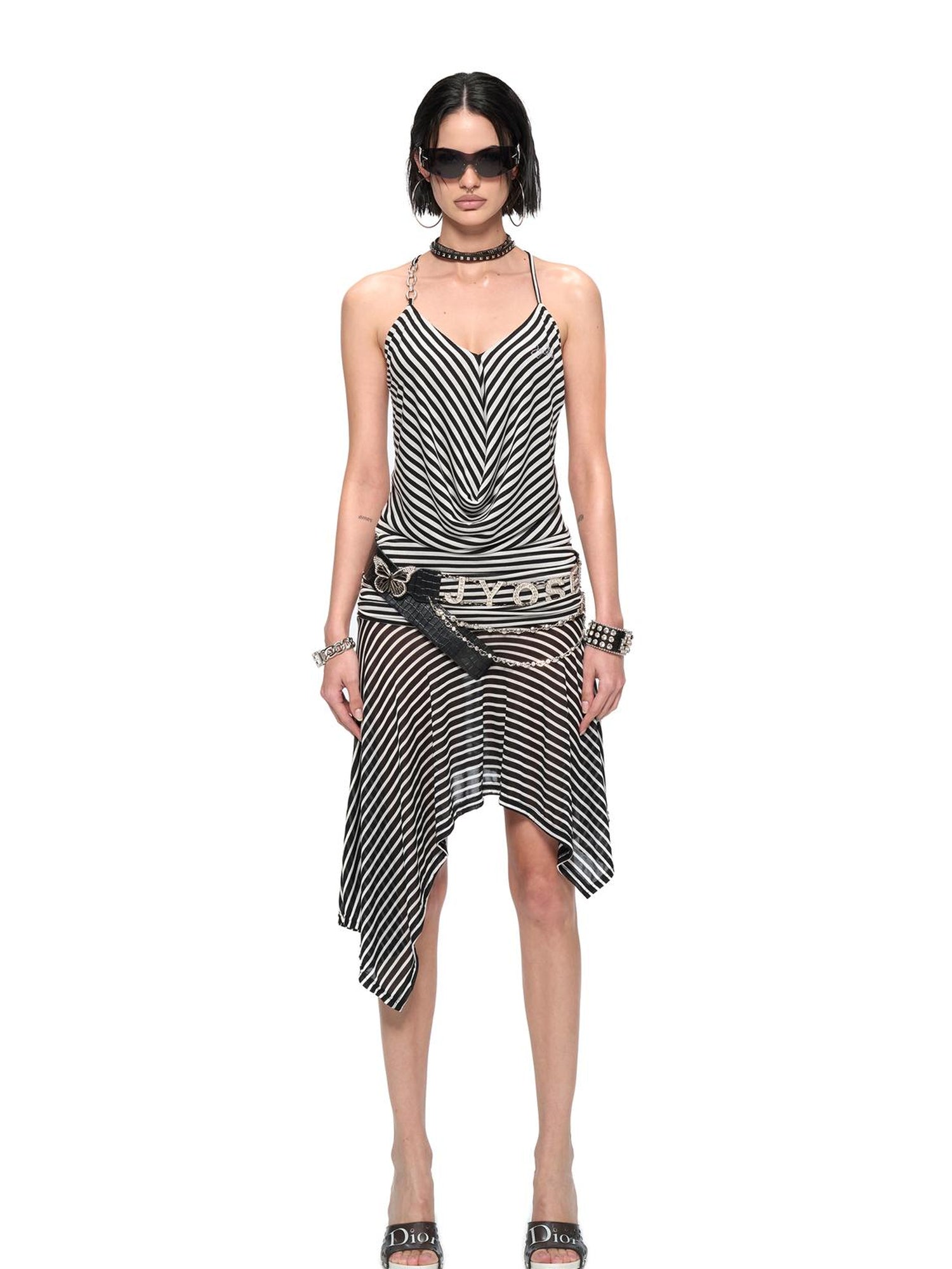 JYOSEI Striped V-Neck Asymmetrical Hem Slip Dress