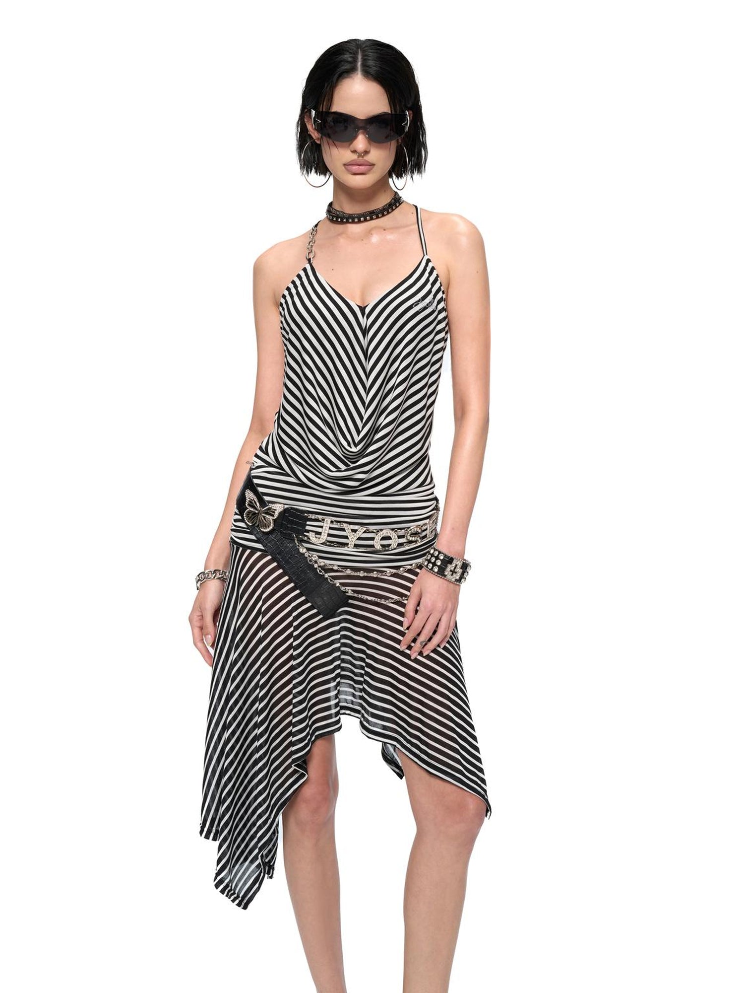 JYOSEI Striped V-Neck Asymmetrical Hem Slip Dress