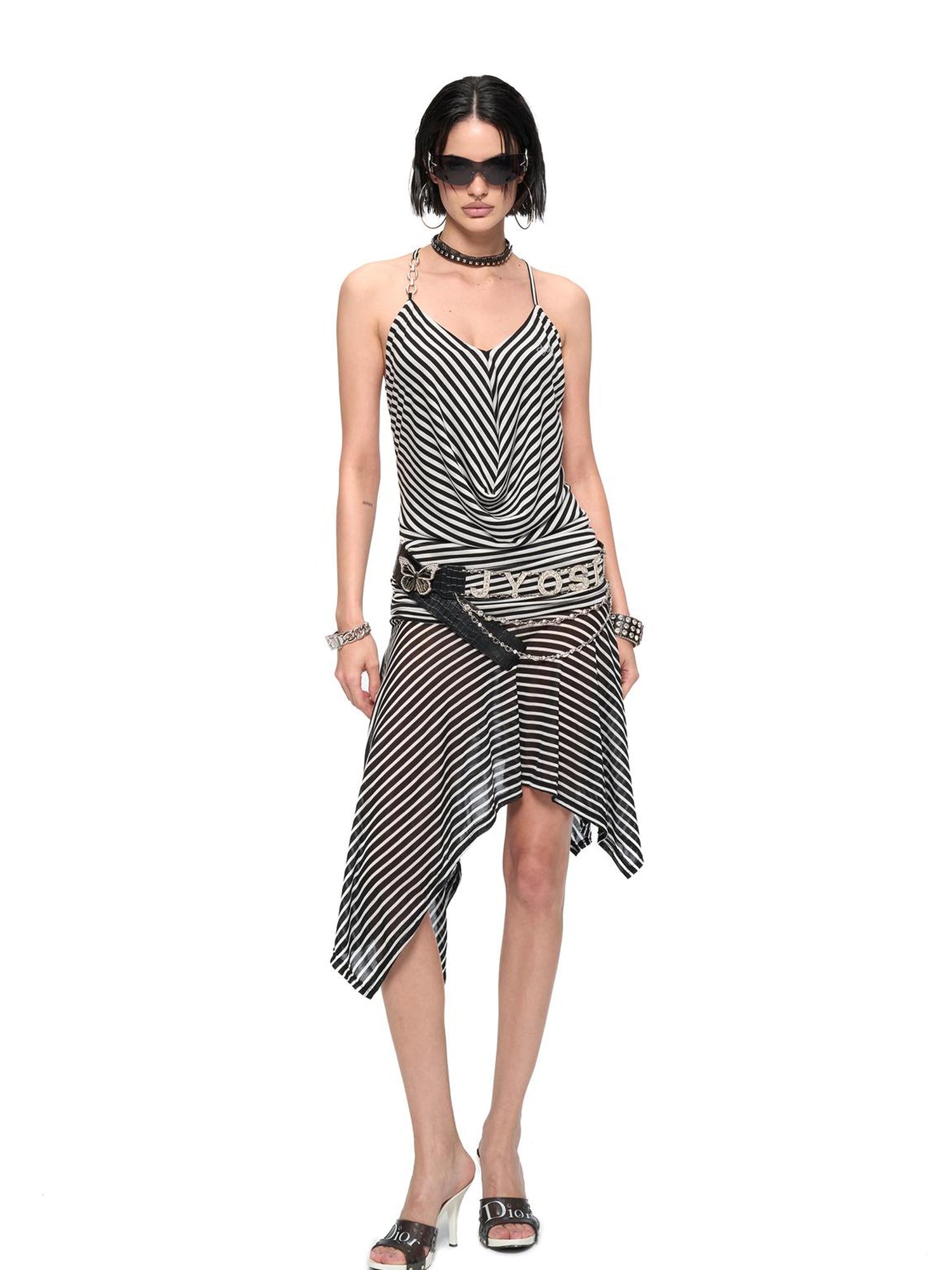 JYOSEI Striped V-Neck Asymmetrical Hem Slip Dress