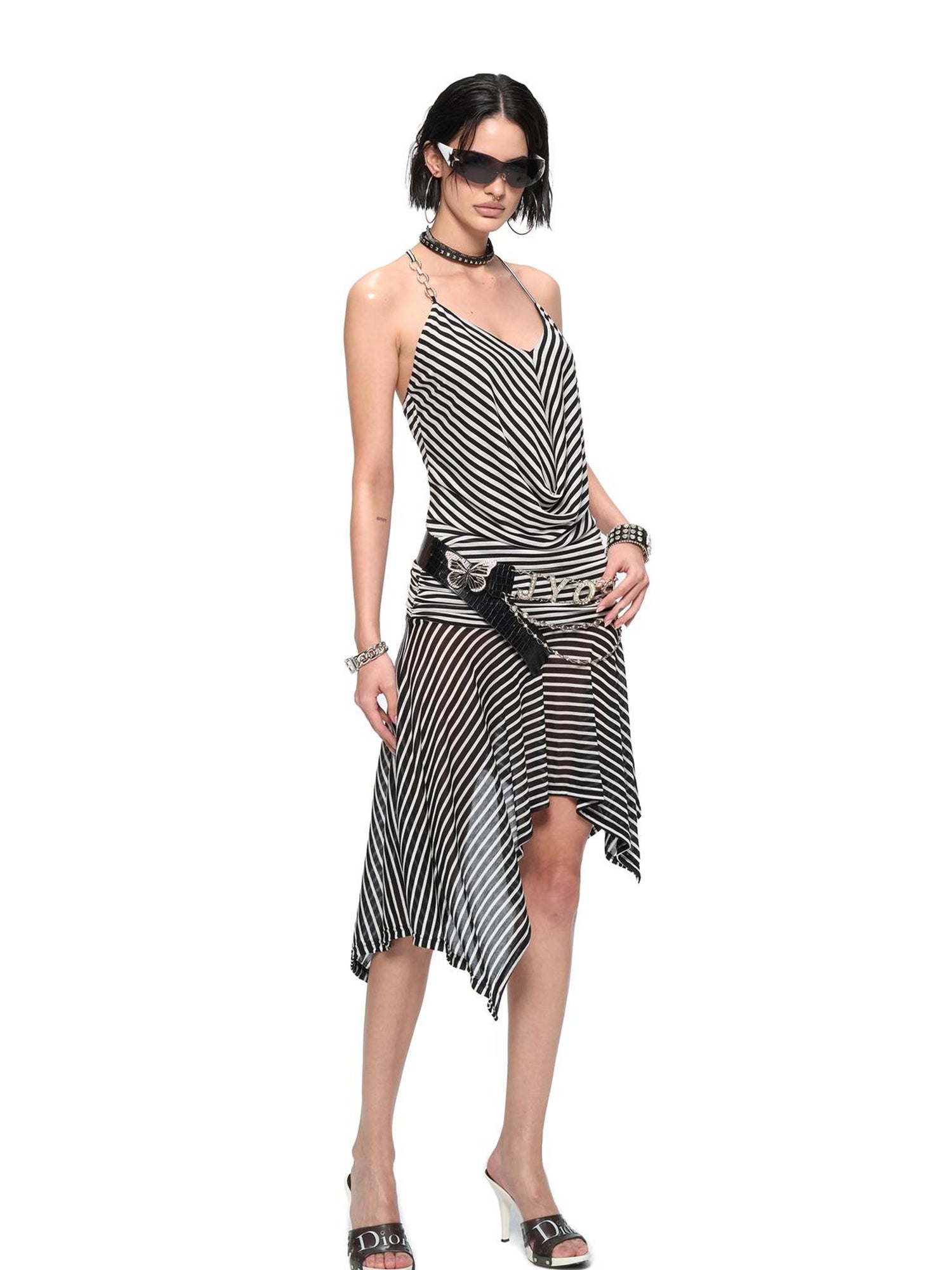 JYOSEI Striped V-Neck Asymmetrical Hem Slip Dress