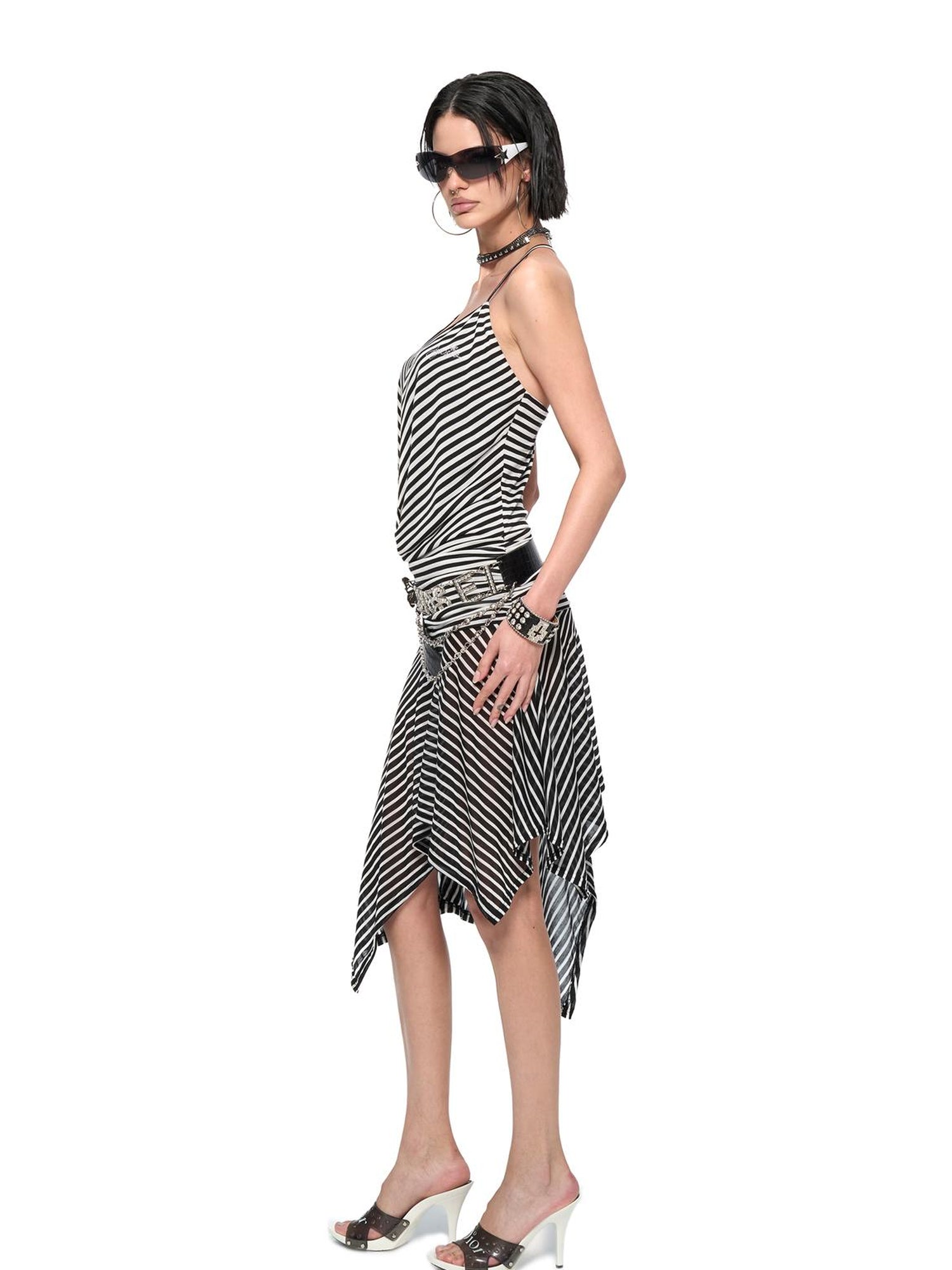 JYOSEI Striped V-Neck Asymmetrical Hem Slip Dress