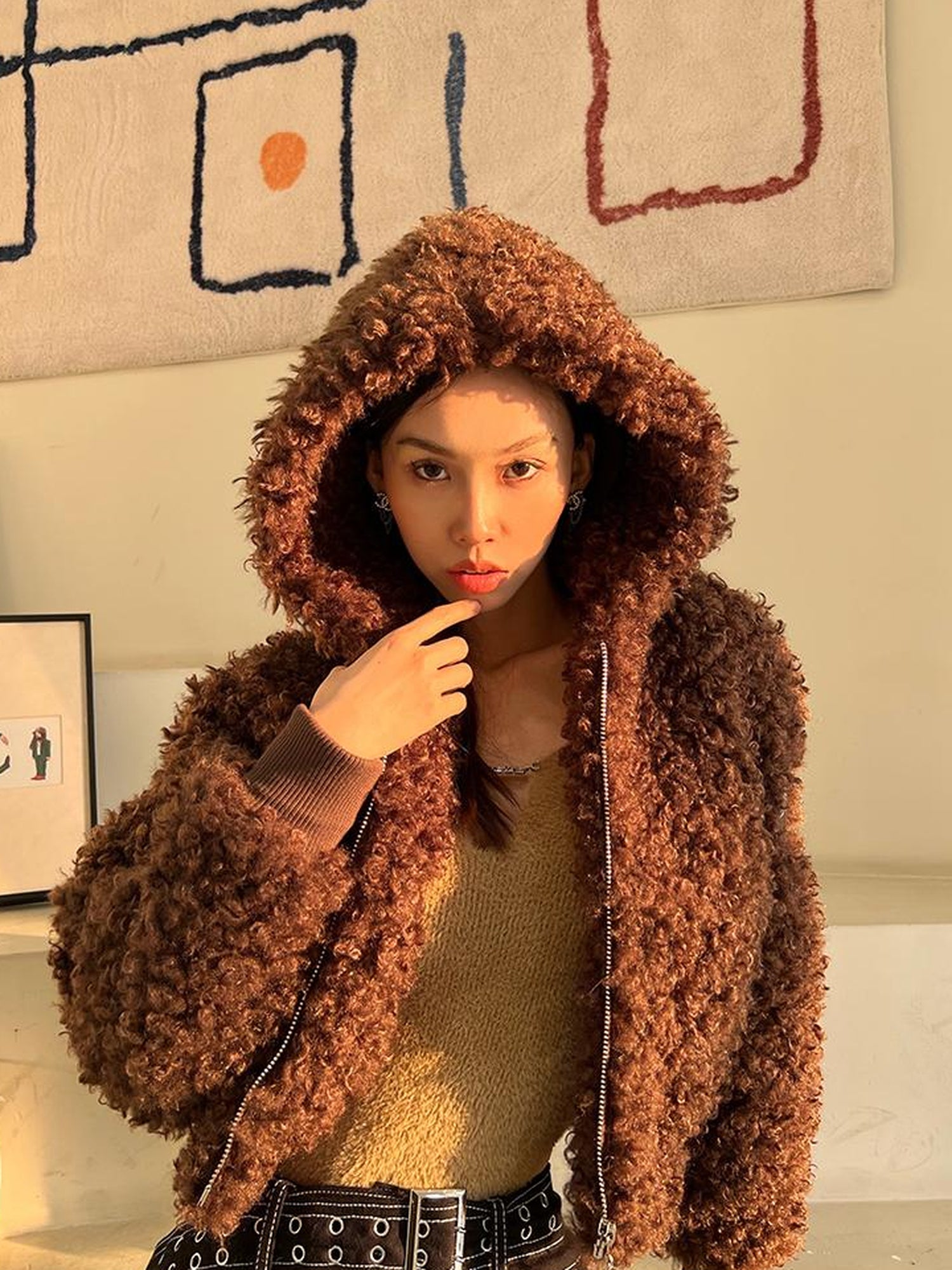 JYOSEI Teddy Fleece Short Puffer Jacket With Ribbed Cuffs