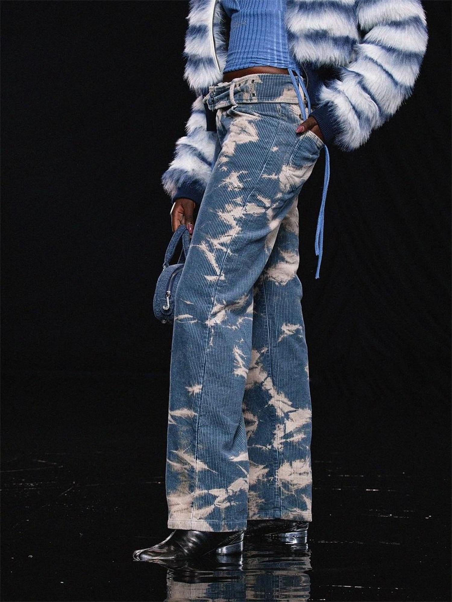 JYOSEI Tie Dyed Corduroy Straight Leg Pants In Washed Blue White