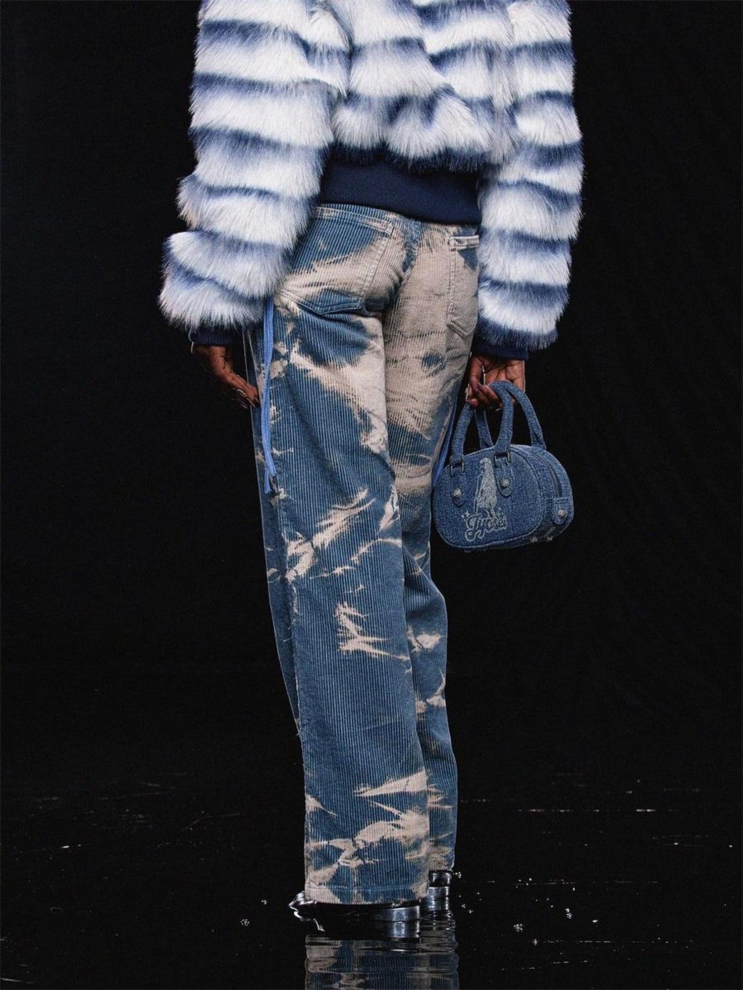JYOSEI Tie Dyed Corduroy Straight Leg Pants In Washed Blue White