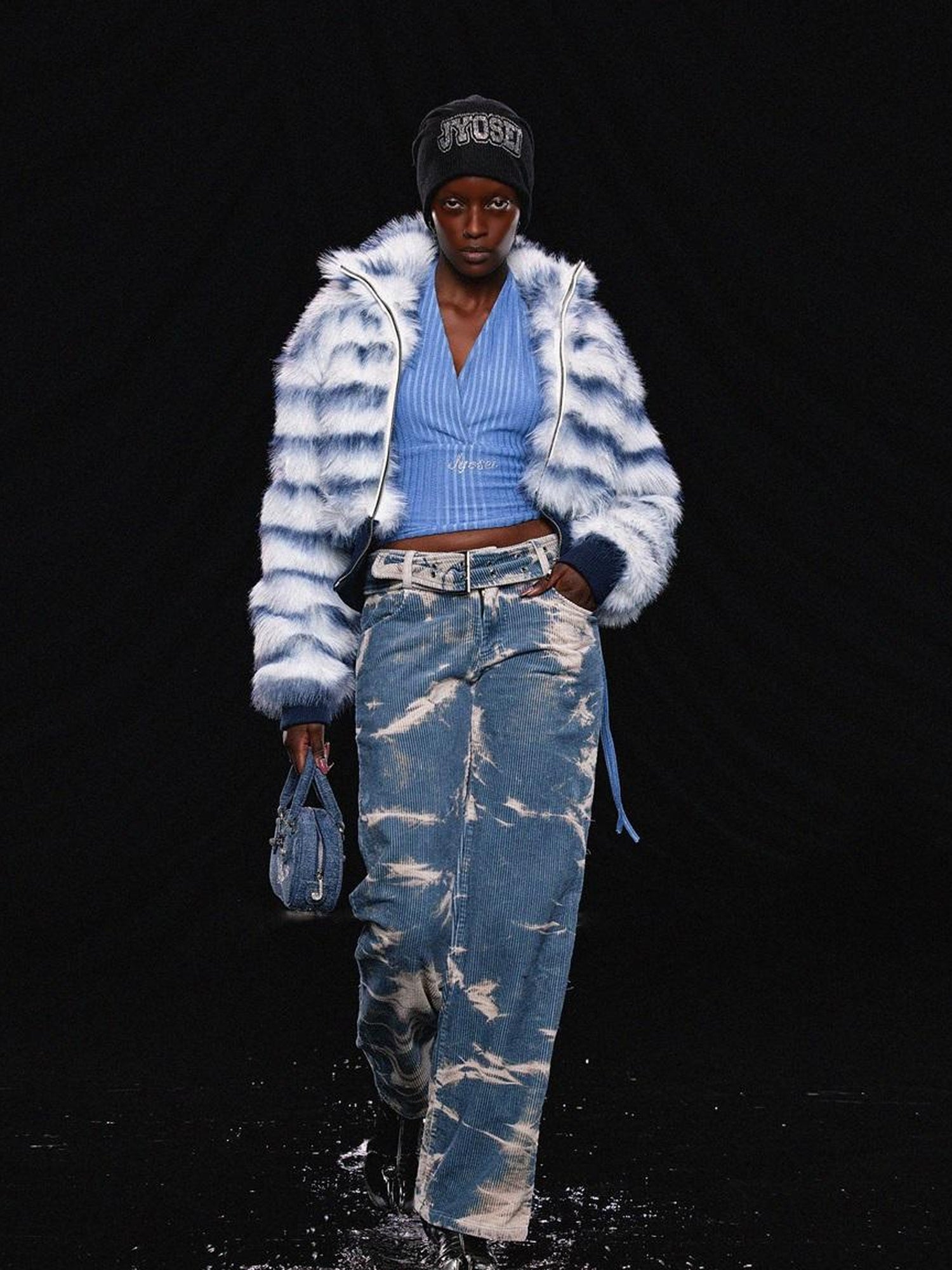 JYOSEI Tie Dyed Corduroy Straight Leg Pants In Washed Blue White