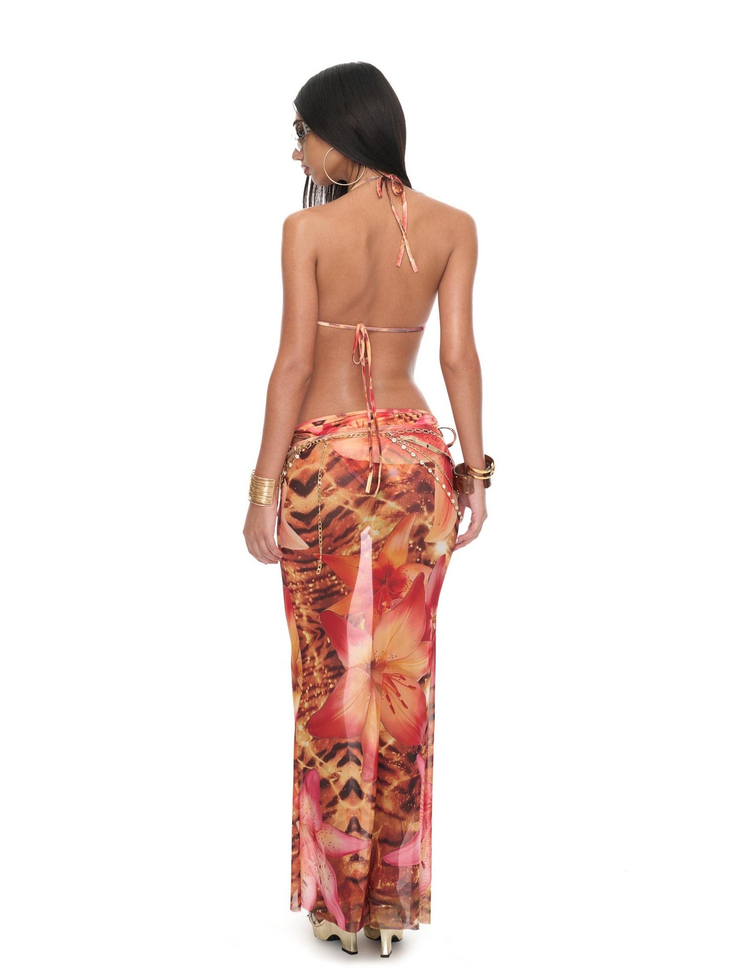 JYOSEI Tiger Stripe Tie Detail Skirt And Scarf Set Women&
