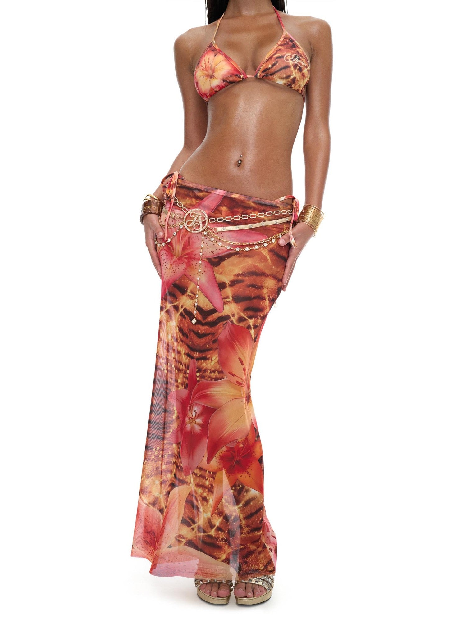 JYOSEI Tiger Stripe Tie Detail Skirt And Scarf Set Women&