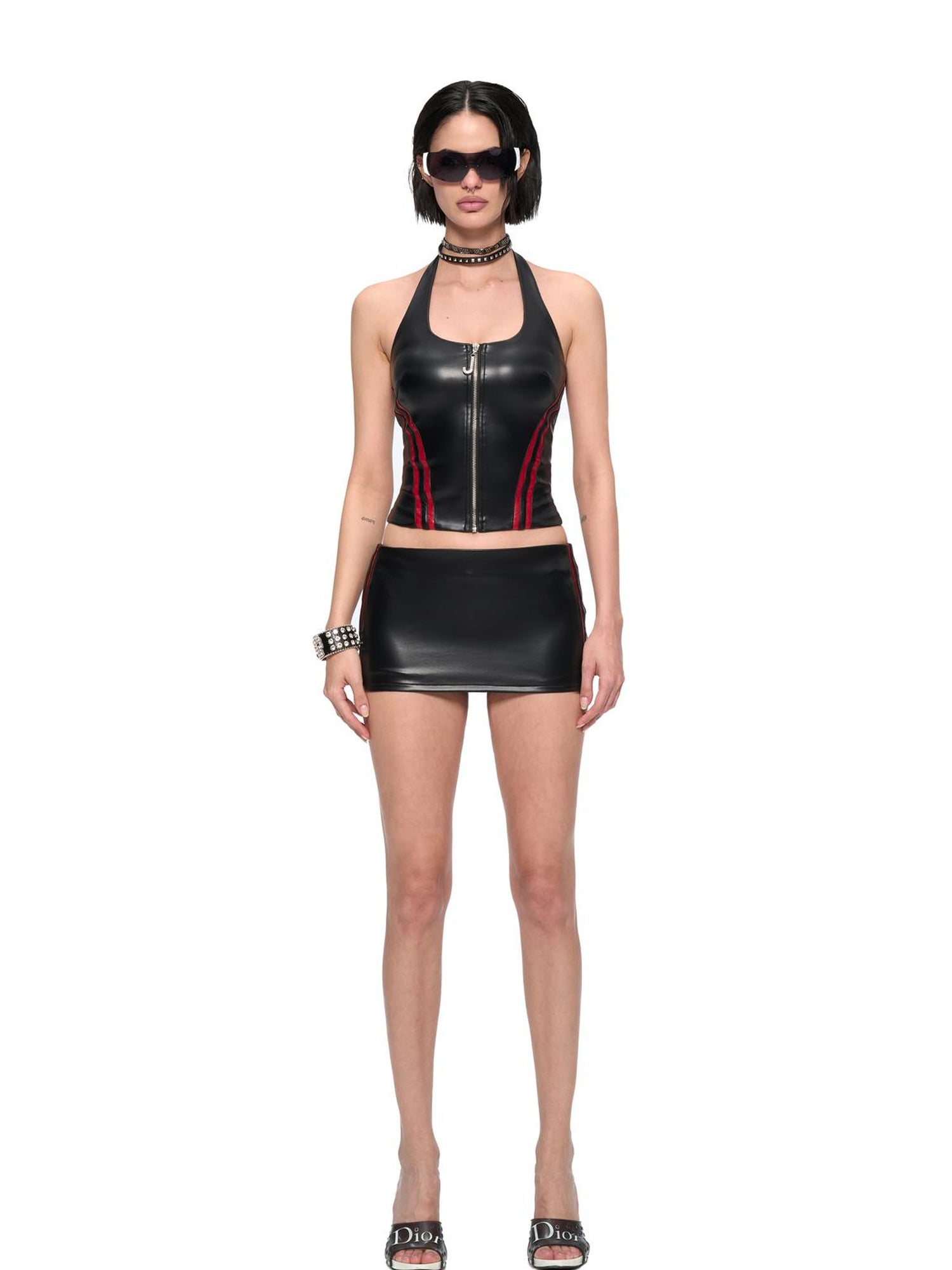 JYOSEI U Neck Contrast Pu Bodycon Two Piece Set