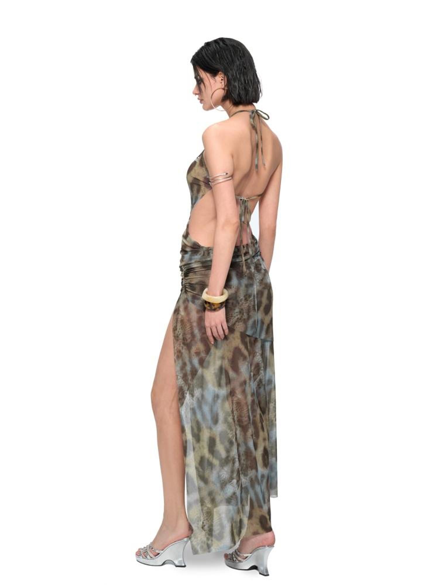 JYOSEI V-Neck Cross Front Low Back Slit Blue Brown Leopard Print Dress