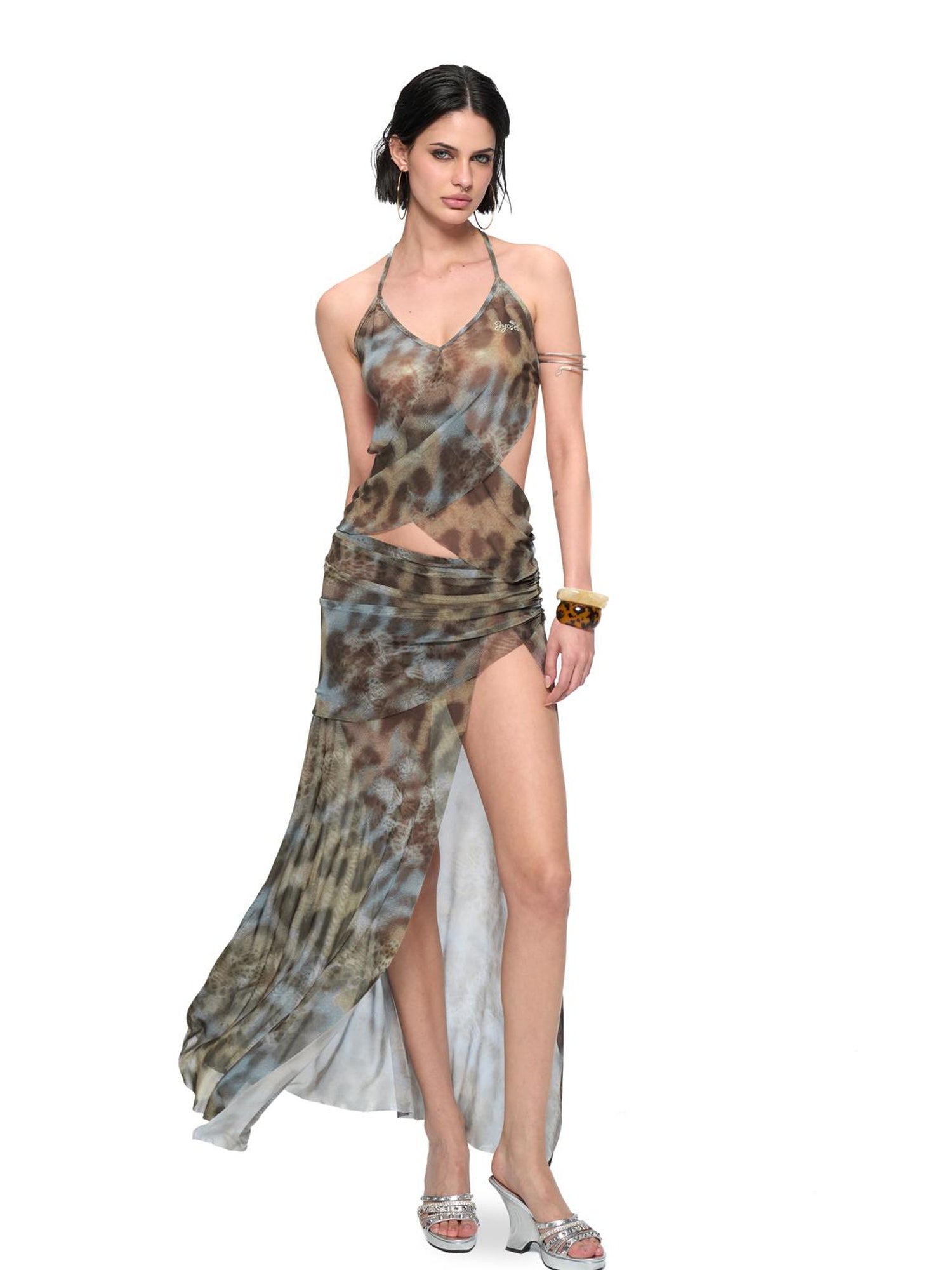 JYOSEI V-Neck Cross Front Low Back Slit Blue Brown Leopard Print Dress