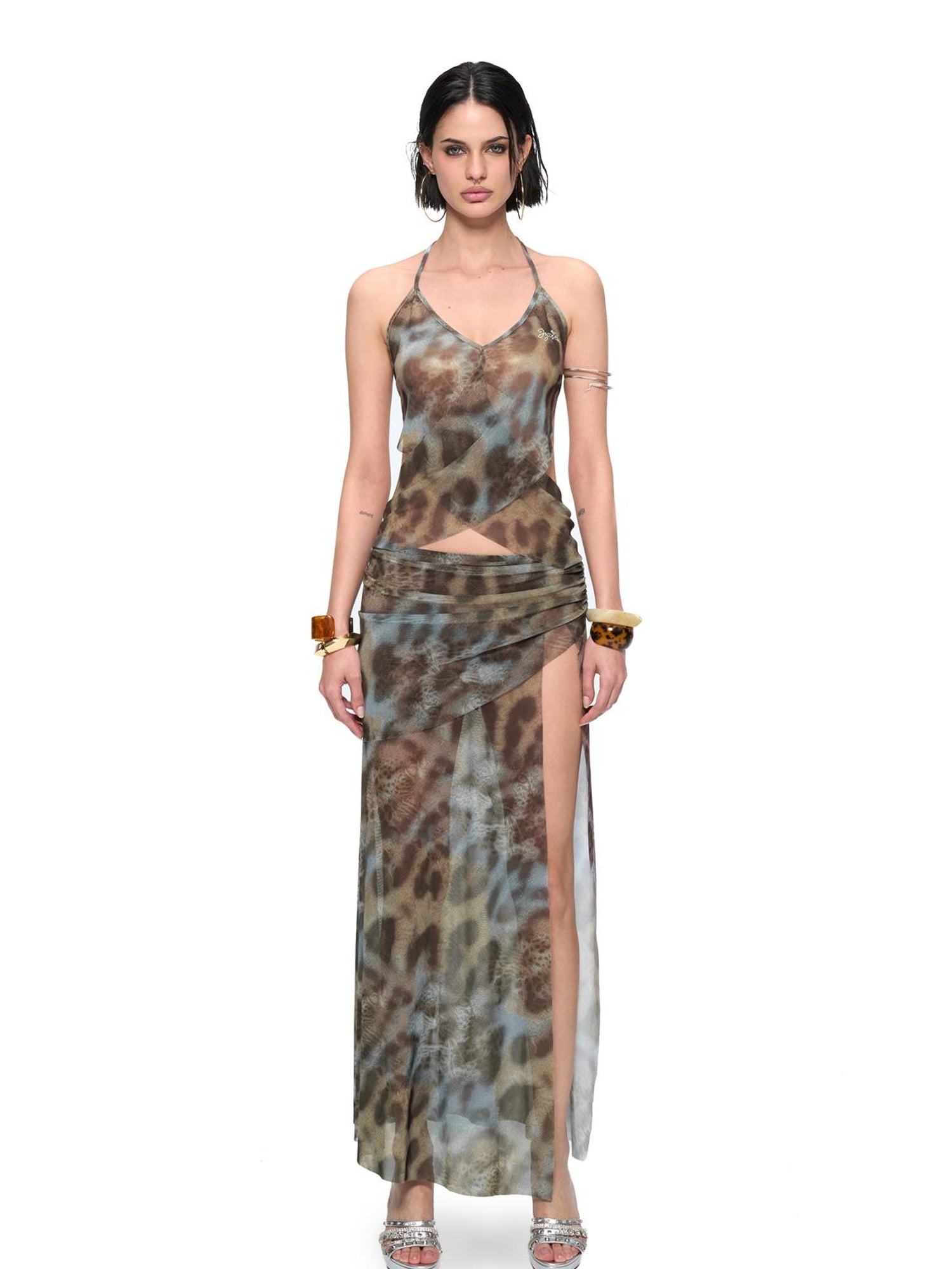 JYOSEI V-Neck Cross Front Low Back Slit Blue Brown Leopard Print Dress