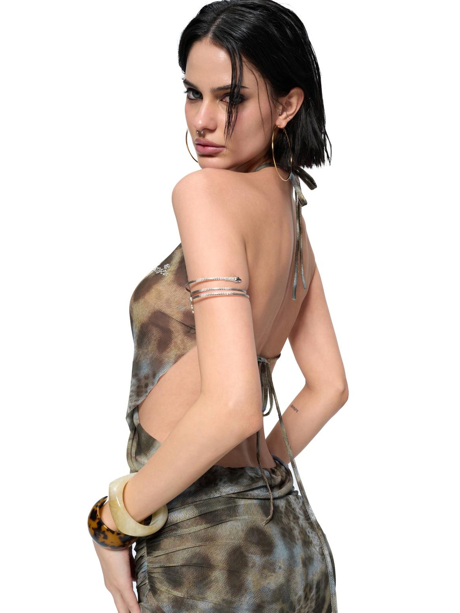 JYOSEI V-Neck Cross Front Low Back Slit Blue Brown Leopard Print Dress