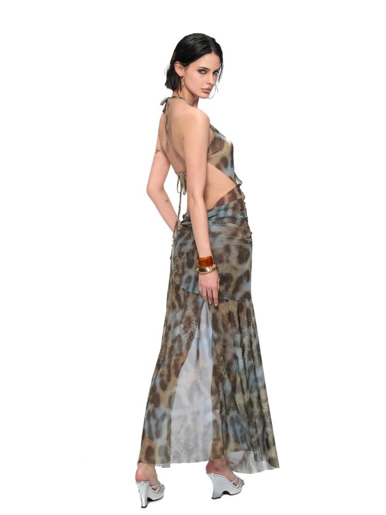 JYOSEI V-Neck Cross Front Low Back Slit Blue Brown Leopard Print Dress